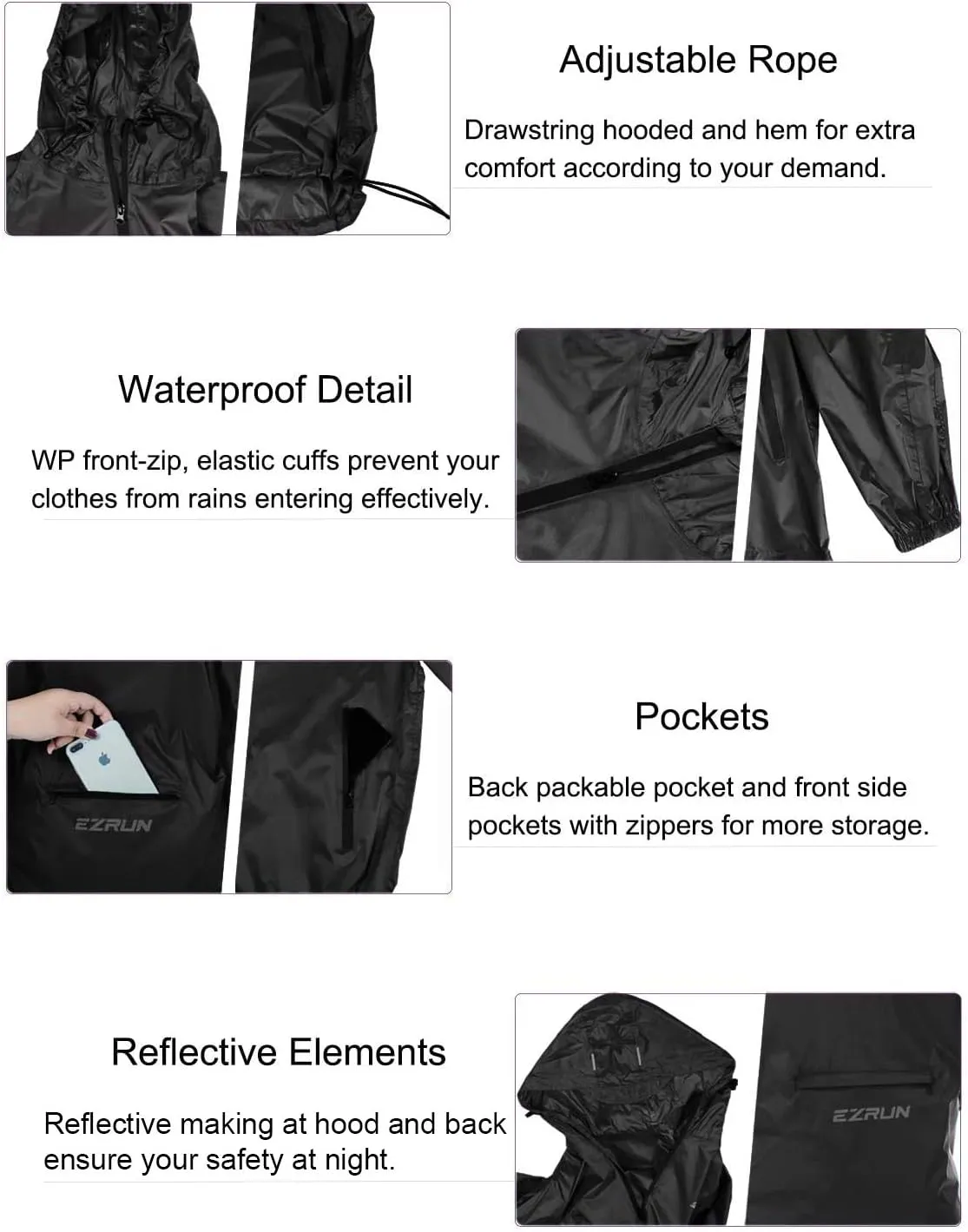 Men's Waterproof Hooded Rain Jacket Running Cycling Hiking Gear Windbreaker Lightweight Packable Raincoat