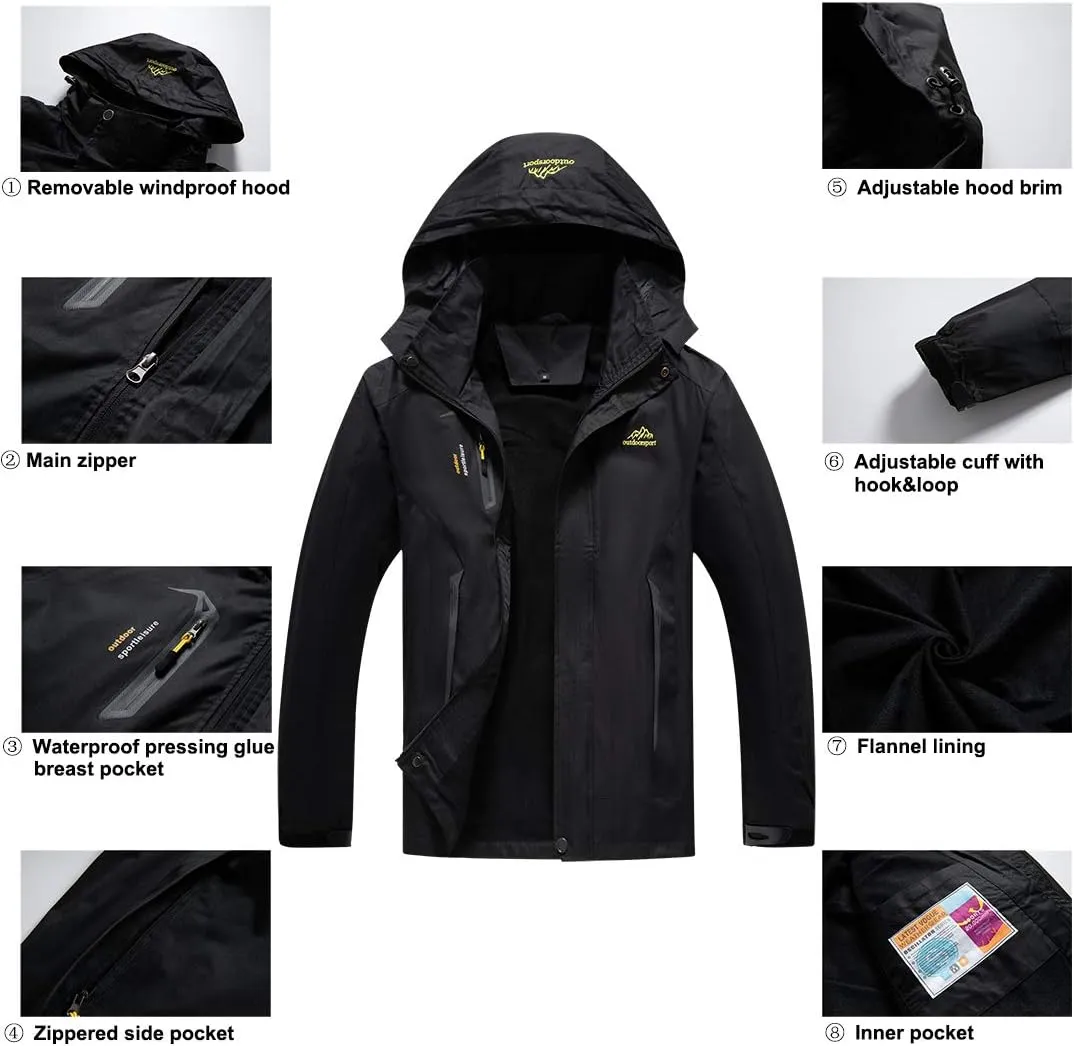 Mens Waterproof Rain Jacket with Hood Hiking Fishing Windproof Raincoat