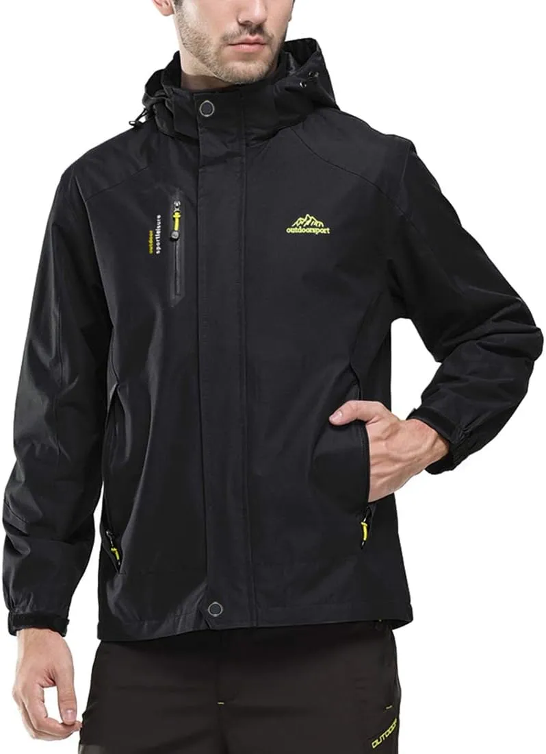 Mens Waterproof Rain Jacket with Hood Hiking Fishing Windproof Raincoat