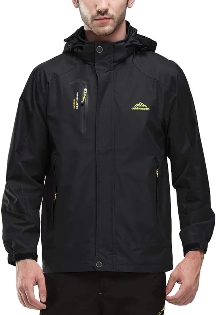 Mens Waterproof Rain Jacket with Hood Hiking Fishing Windproof Raincoat