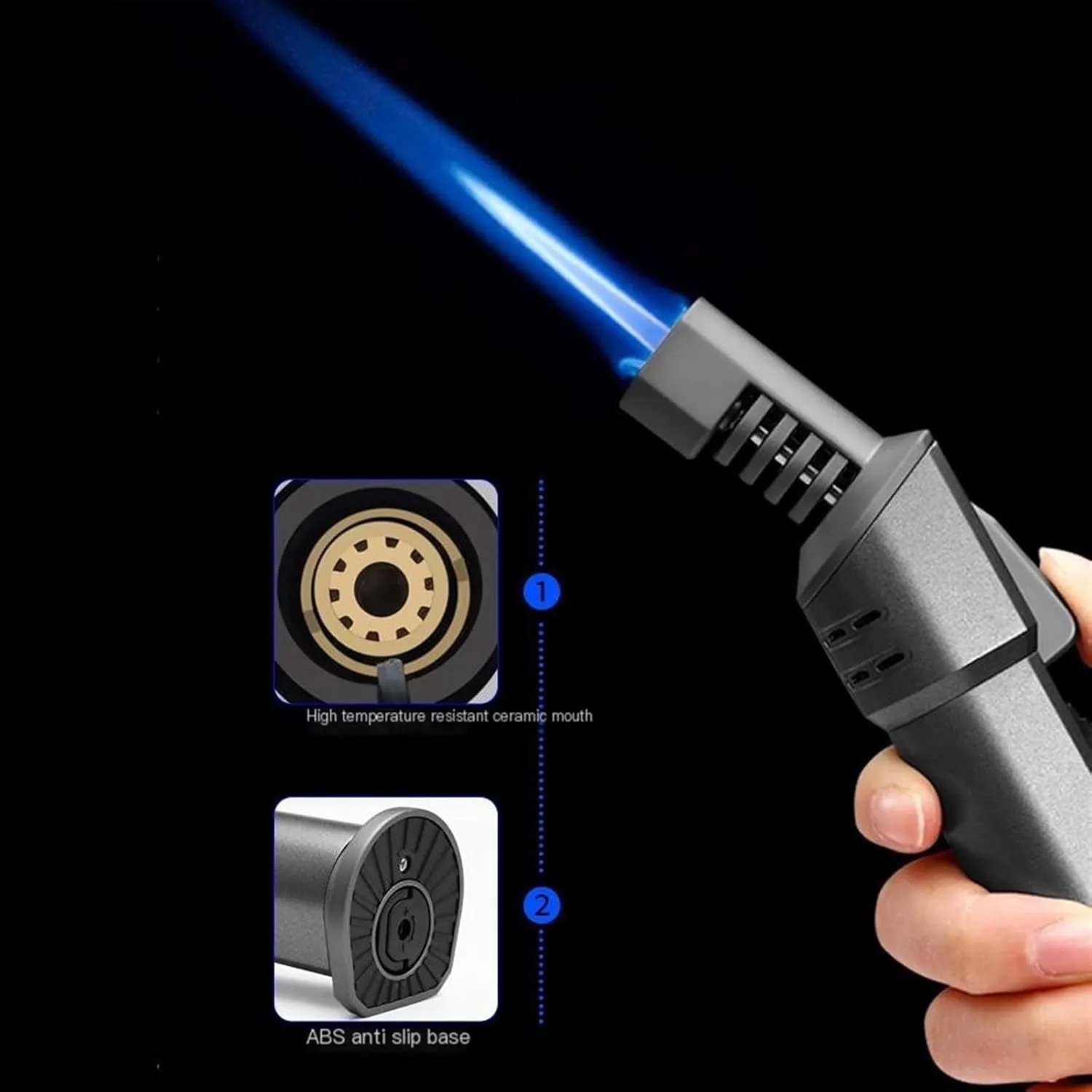 Metal Butane Lighter, Jet Flame Rechargeable Lighter with Safety Lock Adjustable and Lockable Flame, Windproof Lighter for BBQ, Camping, Gifts for Men(A)