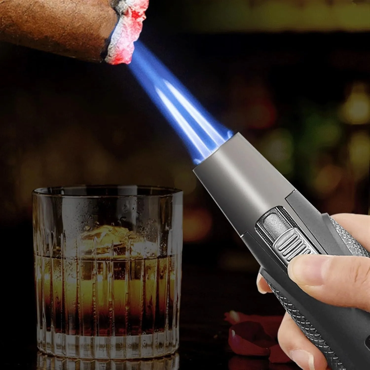 Metal Dual Jet Flame Torch Lighter Reusable Windproof Refillable Butane Gas Portable Kitchen BBQ Special Camping with Visible Tank(#6d4193)