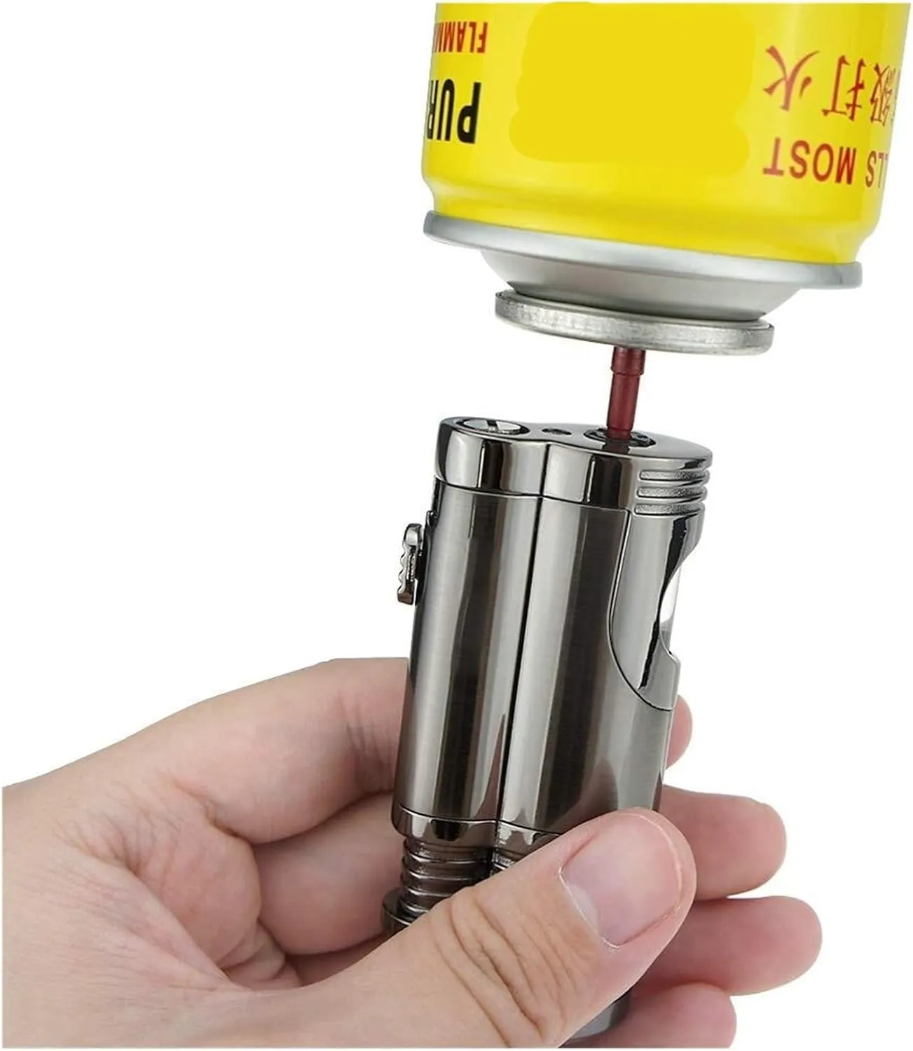 Metal Inflatable Butane Torch Lighter Windproof Dual Nozzle Lighter, Portable Refillable Lighter, Dual Flush Metal Lighter for Outdoor, Indoor (Fuel Not Included)(Black*b)