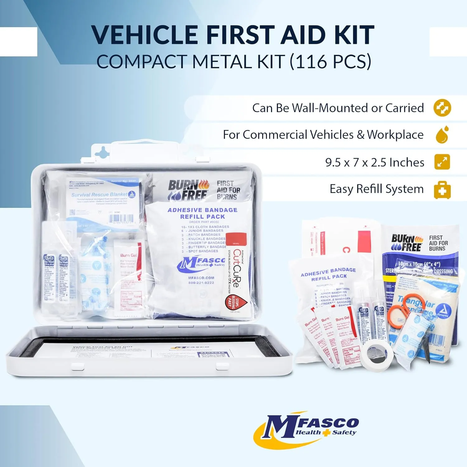 MFASCO Vehicle First Aid Kit - DOT/ANSI/OSHA Compliant - Metal - Portable & Mountable - Waterproof - First Aid Kits for Businesses, Construction, Commercial Vehicles, Workplaces - 115 Pcs