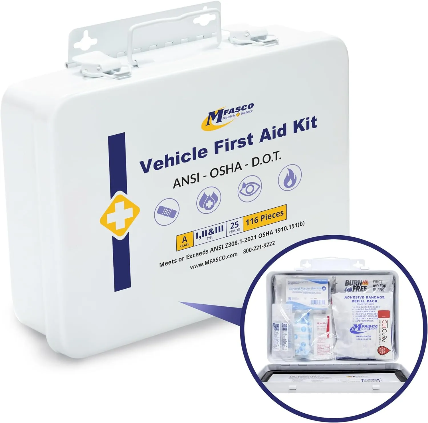 MFASCO Vehicle First Aid Kit - DOT/ANSI/OSHA Compliant - Metal - Portable & Mountable - Waterproof - First Aid Kits for Businesses, Construction, Commercial Vehicles, Workplaces - 115 Pcs