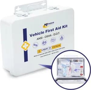 MFASCO Vehicle First Aid Kit - DOT/ANSI/OSHA Compliant - Metal - Portable & Mountable - Waterproof - First Aid Kits for Businesses, Construction, Commercial Vehicles, Workplaces - 115 Pcs
