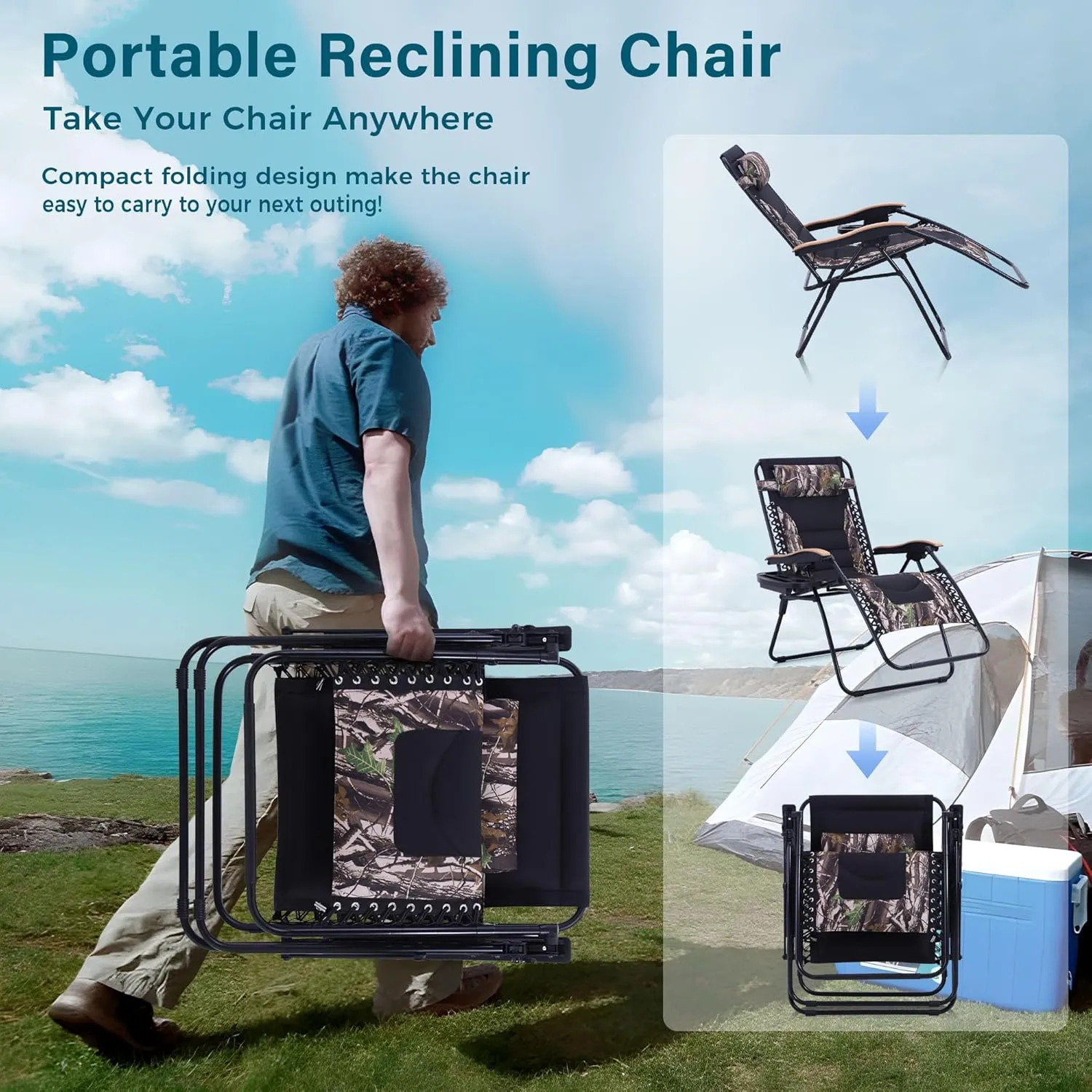 MFSTUDIO Zero Gravity Chairs, Oversized Patio Recliner Chair, Padded Folding Lawn Chair with Cup Holder Tray, Support 400lbs, Camouflage