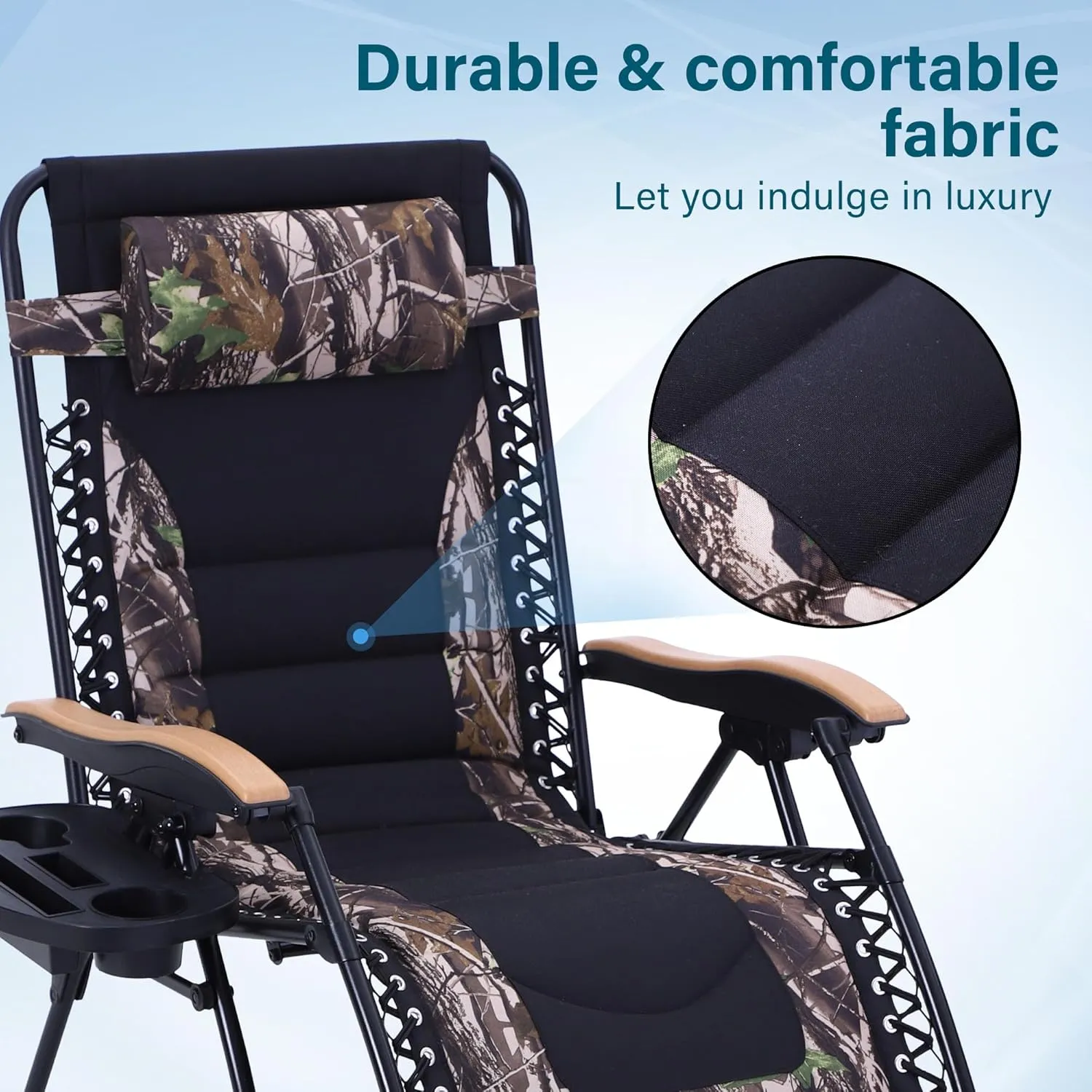 MFSTUDIO Zero Gravity Chairs, Oversized Patio Recliner Chair, Padded Folding Lawn Chair with Cup Holder Tray, Support 400lbs, Camouflage