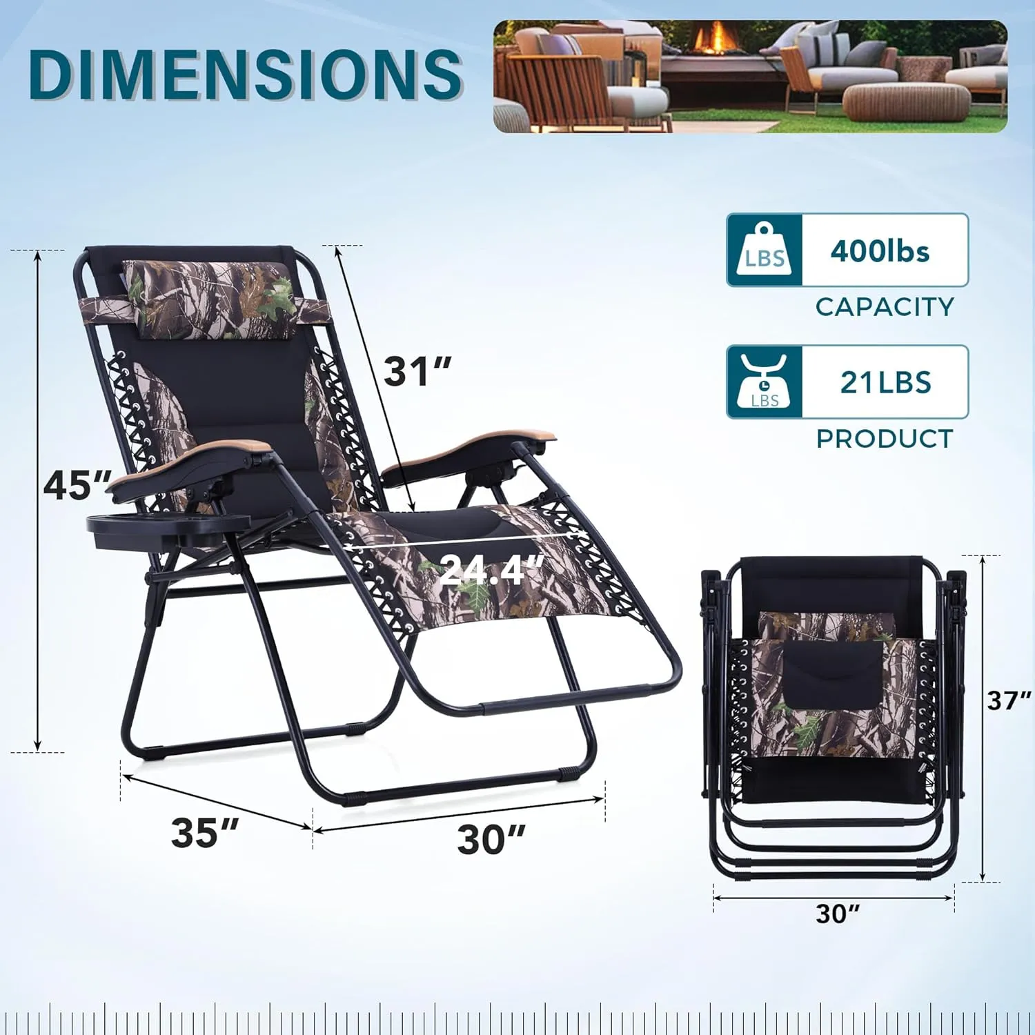 MFSTUDIO Zero Gravity Chairs, Oversized Patio Recliner Chair, Padded Folding Lawn Chair with Cup Holder Tray, Support 400lbs, Camouflage