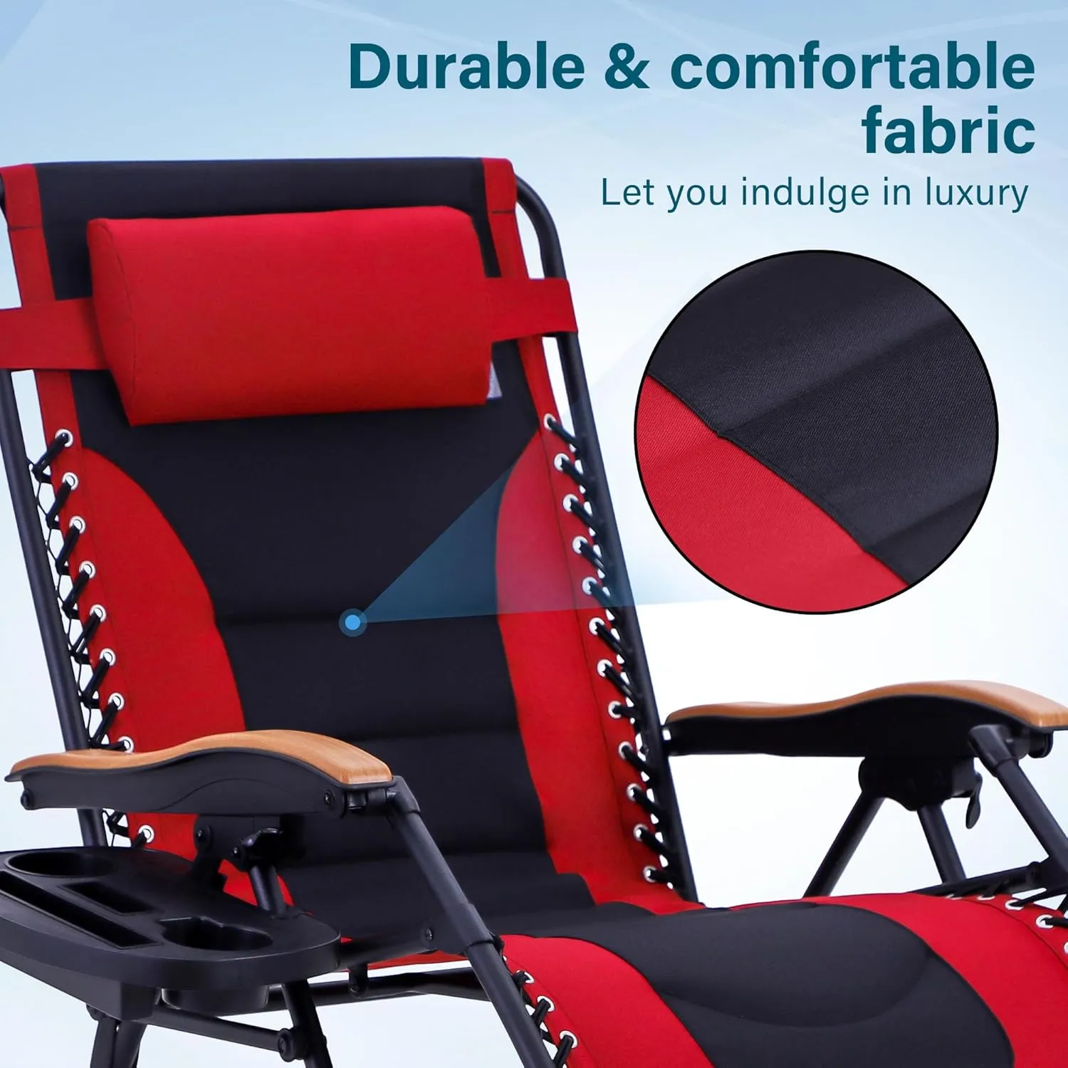 MFSTUDIO Zero Gravity Chairs, Oversized Patio Recliner Chair, Padded Folding Lawn Chair with Cup Holder Tray, Support 400lbs, Red