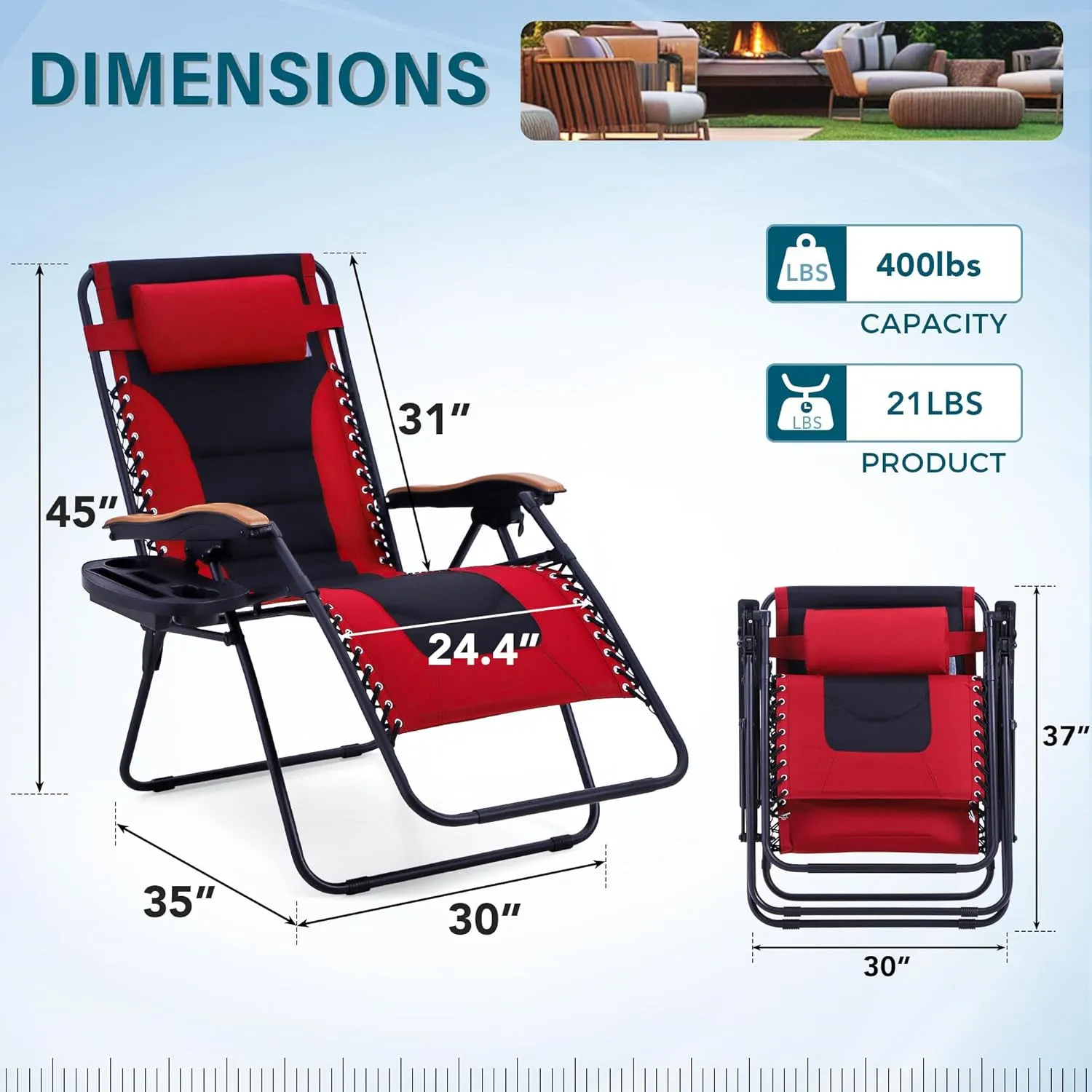MFSTUDIO Zero Gravity Chairs, Oversized Patio Recliner Chair, Padded Folding Lawn Chair with Cup Holder Tray, Support 400lbs, Red
