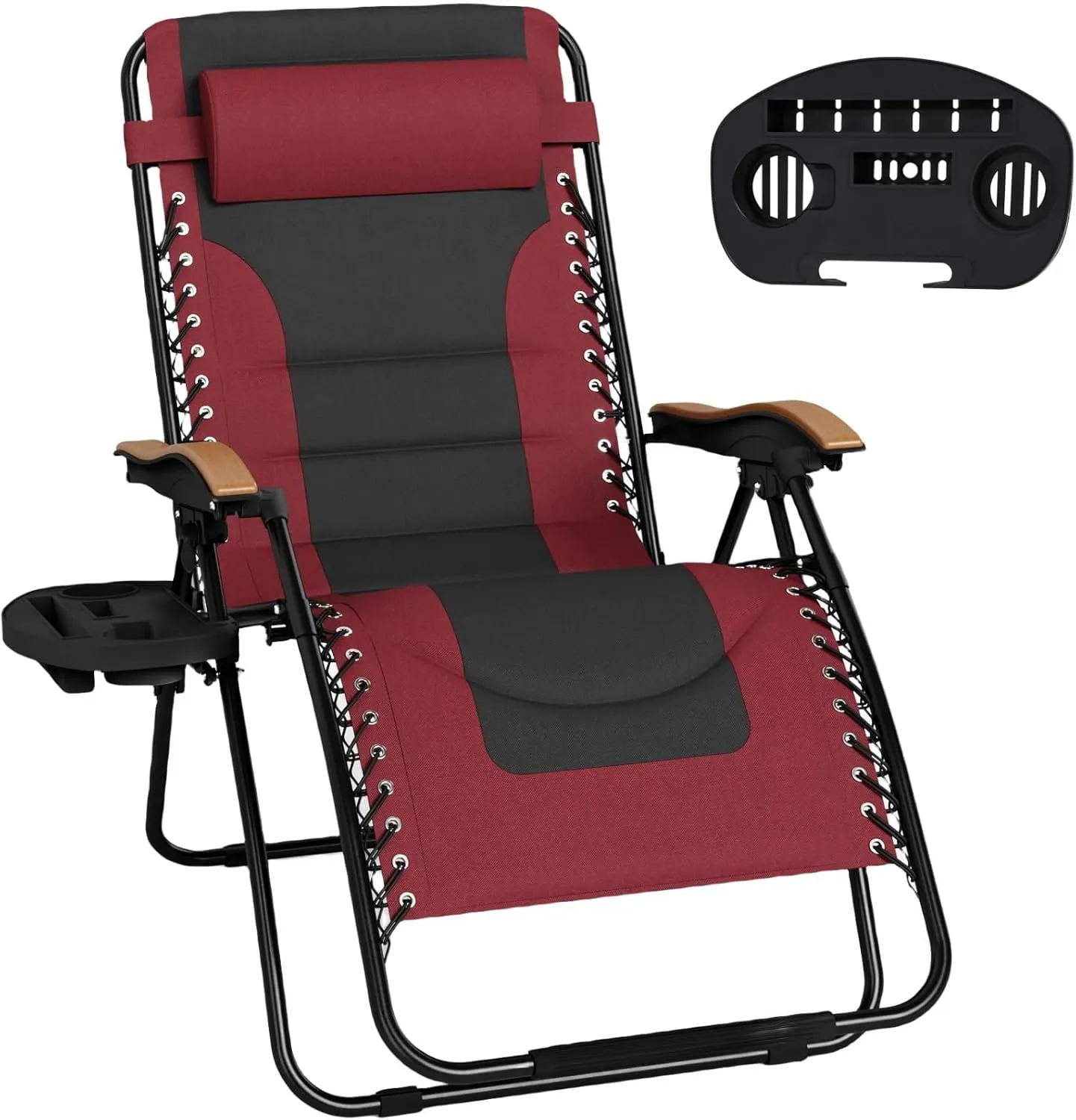 MFSTUDIO Zero Gravity Chairs, Oversized Patio Recliner Chair, Padded Folding Lawn Chair with Cup Holder Tray, Support 400lbs, Red