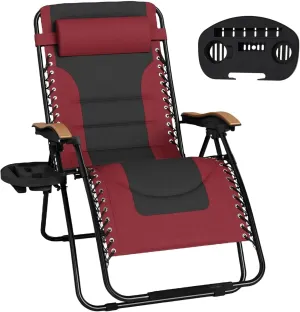 MFSTUDIO Zero Gravity Chairs, Oversized Patio Recliner Chair, Padded Folding Lawn Chair with Cup Holder Tray, Support 400lbs, Red