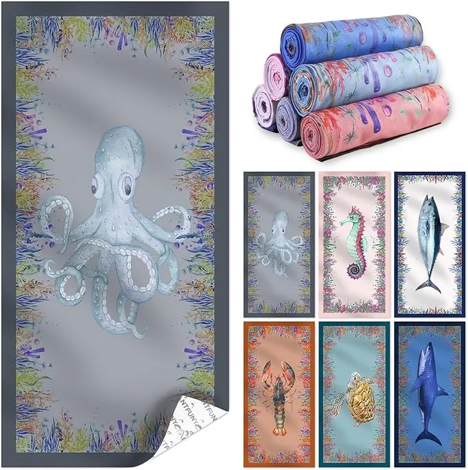 Microfiber Beach Towel Quick Dry Sandproof Compact Sand Free Soft Long Lightweight Sandless Fast Drying No Sand Repellent Foldable Micro Fiber Clearance Over Lounge Chair Cover Chair Two Side Octopus