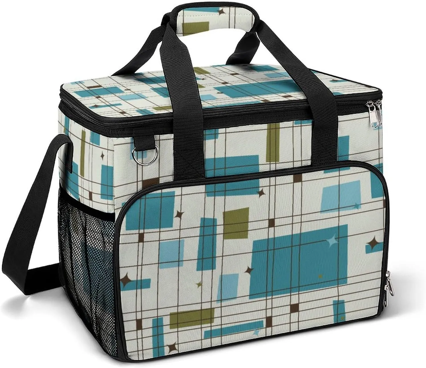 Mid Century Modern Partten Cooler Bag, Collapsible Soft Sided Cooler, Large Leakproof Camping Cooler, Portable Travel Cooler for Camping, Road Trips