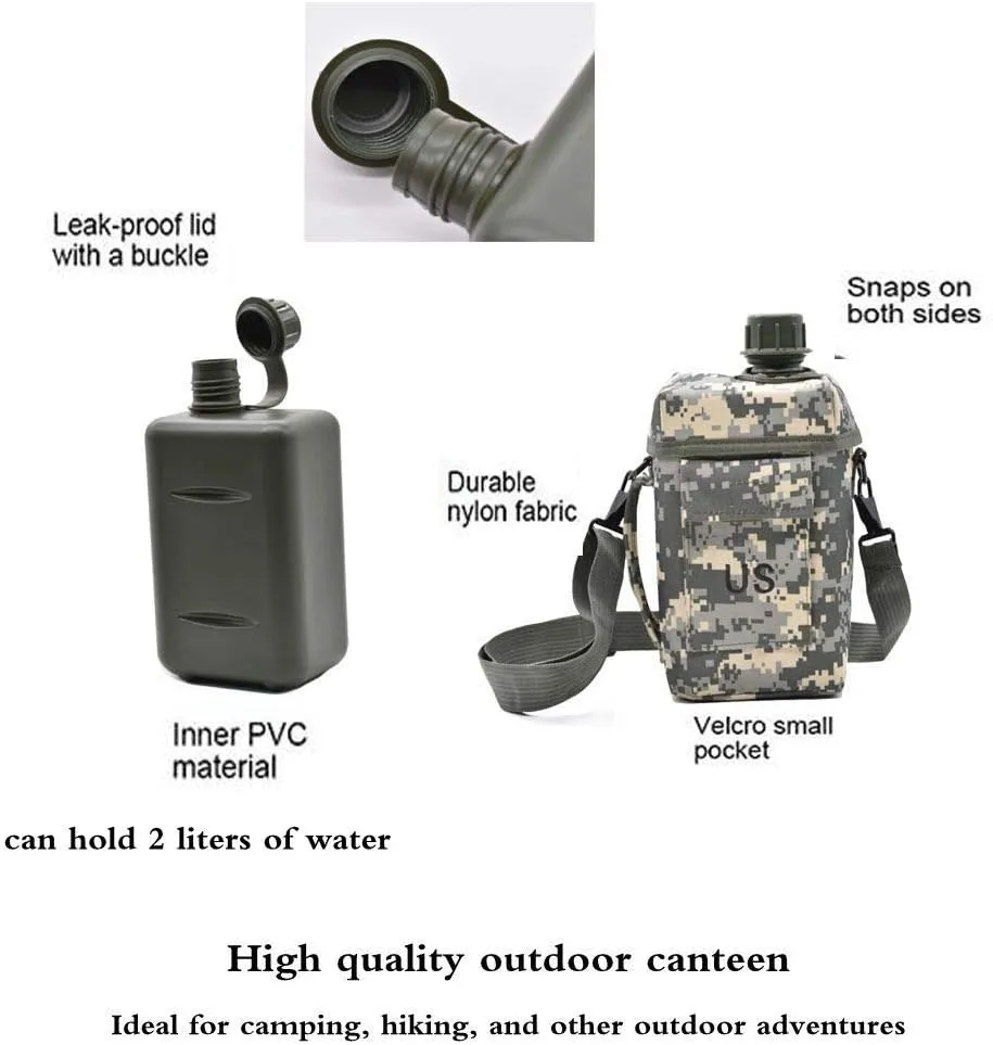 Military Canteen Squared Insulated Camouflage Bag Carrier Cover Canteen 2qt Capacity PVC Water Bottle Pouch for Hiking Camping (ACU)