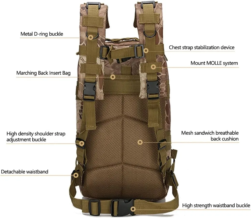 Military Tactical Backpack Rucksacks 3 Day Assault Pack for Hunting Trekking Camping Outdoor (Python Pattern Mud)