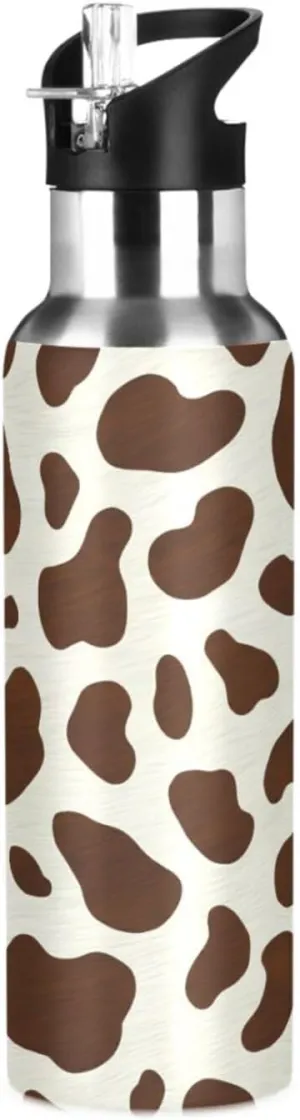 Milk Cow Pattern Sports Water Bottle with Straw, 22oz BPA Free Stainless Steel Vacuum Insulated Bottle for Gym Fitness Outdoor