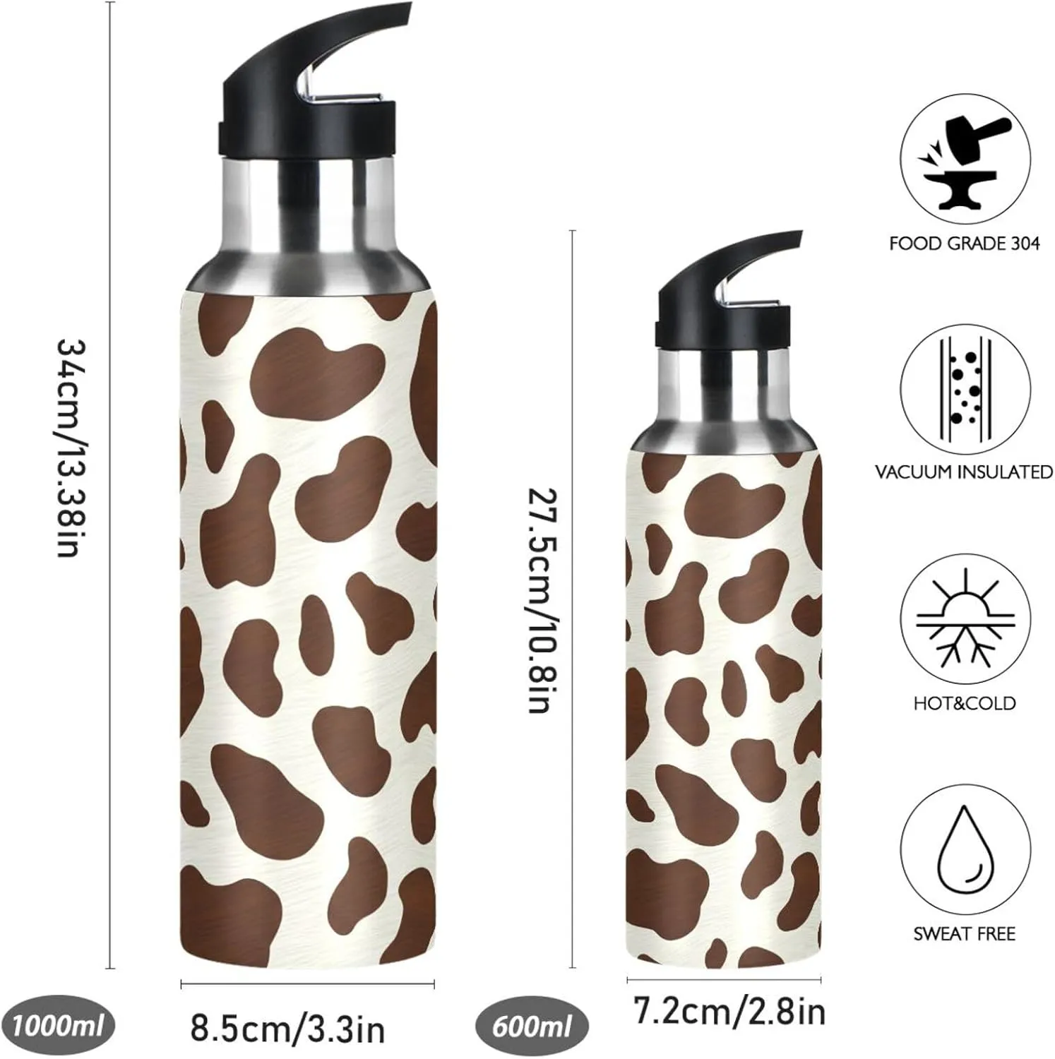 Milk Cow Pattern Sports Water Bottle with Straw, 22oz BPA Free Stainless Steel Vacuum Insulated Bottle for Gym Fitness Outdoor
