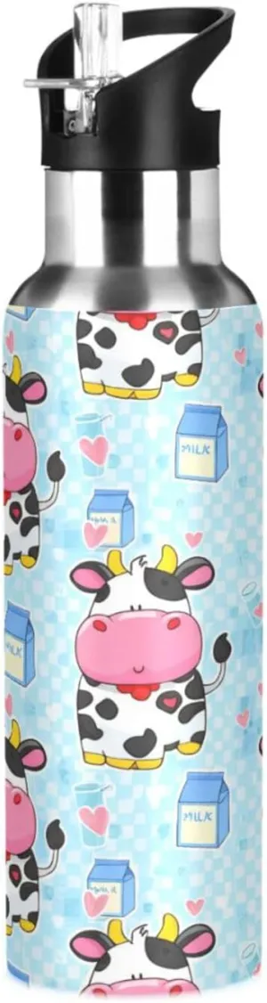 Milk Cow Sports Water Bottle with Straw, 22oz BPA Free Stainless Steel Vacuum Insulated Bottle for Gym Fitness Outdoor