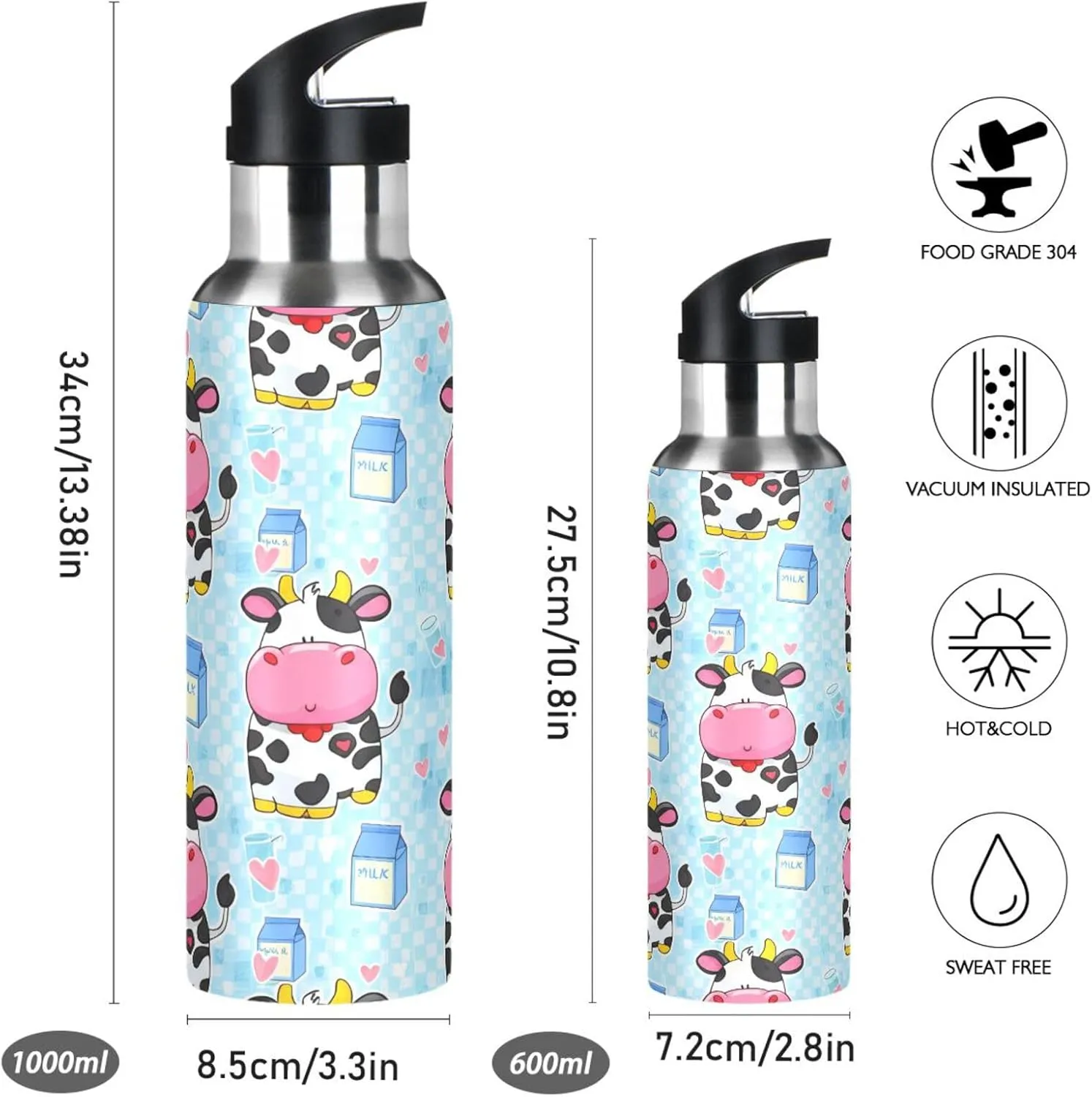 Milk Cow Sports Water Bottle with Straw, 22oz BPA Free Stainless Steel Vacuum Insulated Bottle for Gym Fitness Outdoor