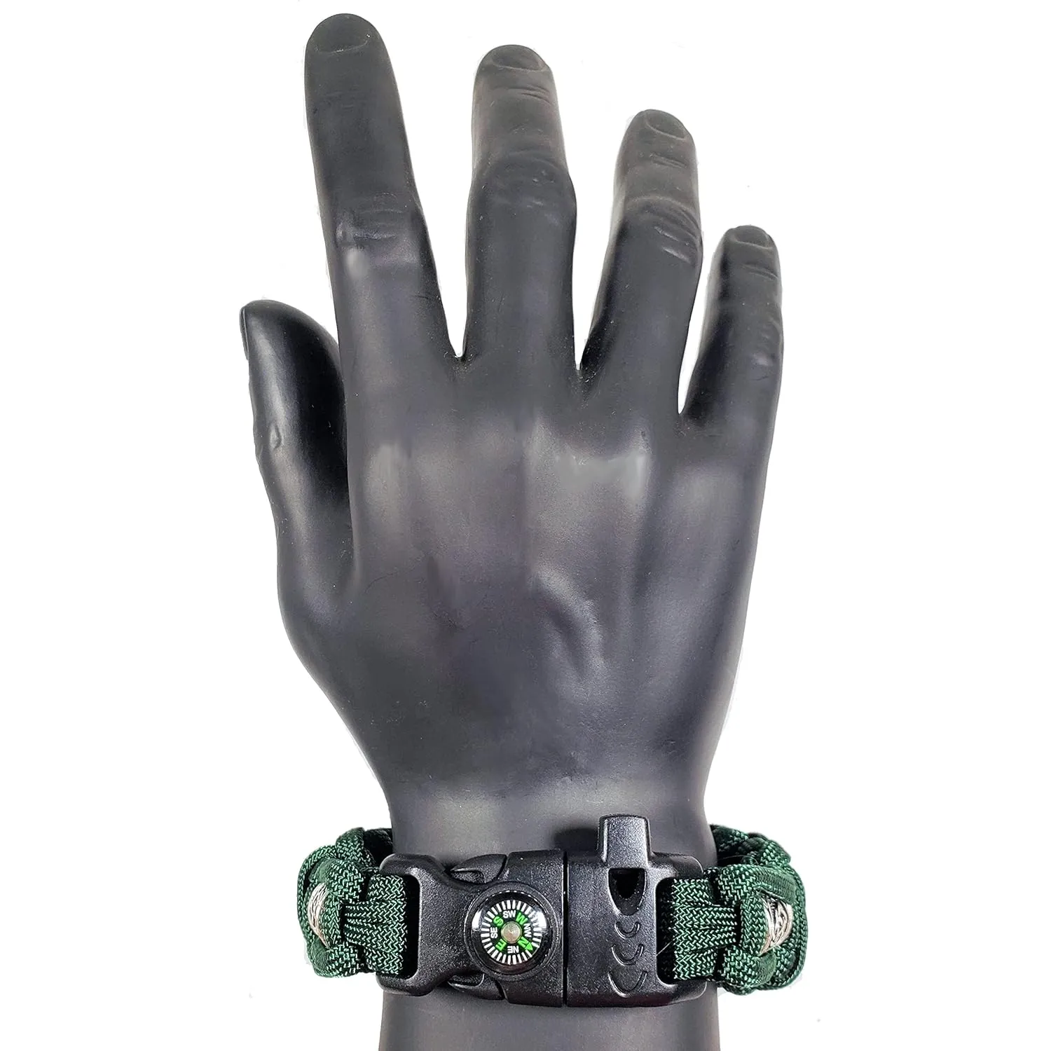 Mini Hiking & Camping Survival Kit | Adjustable Survival Bracelet – Loud Whistle, Fire Starter, Compass, Tactical Paracord Bracelet with Silver Viking Beads - Made in USA (Emerald Green)