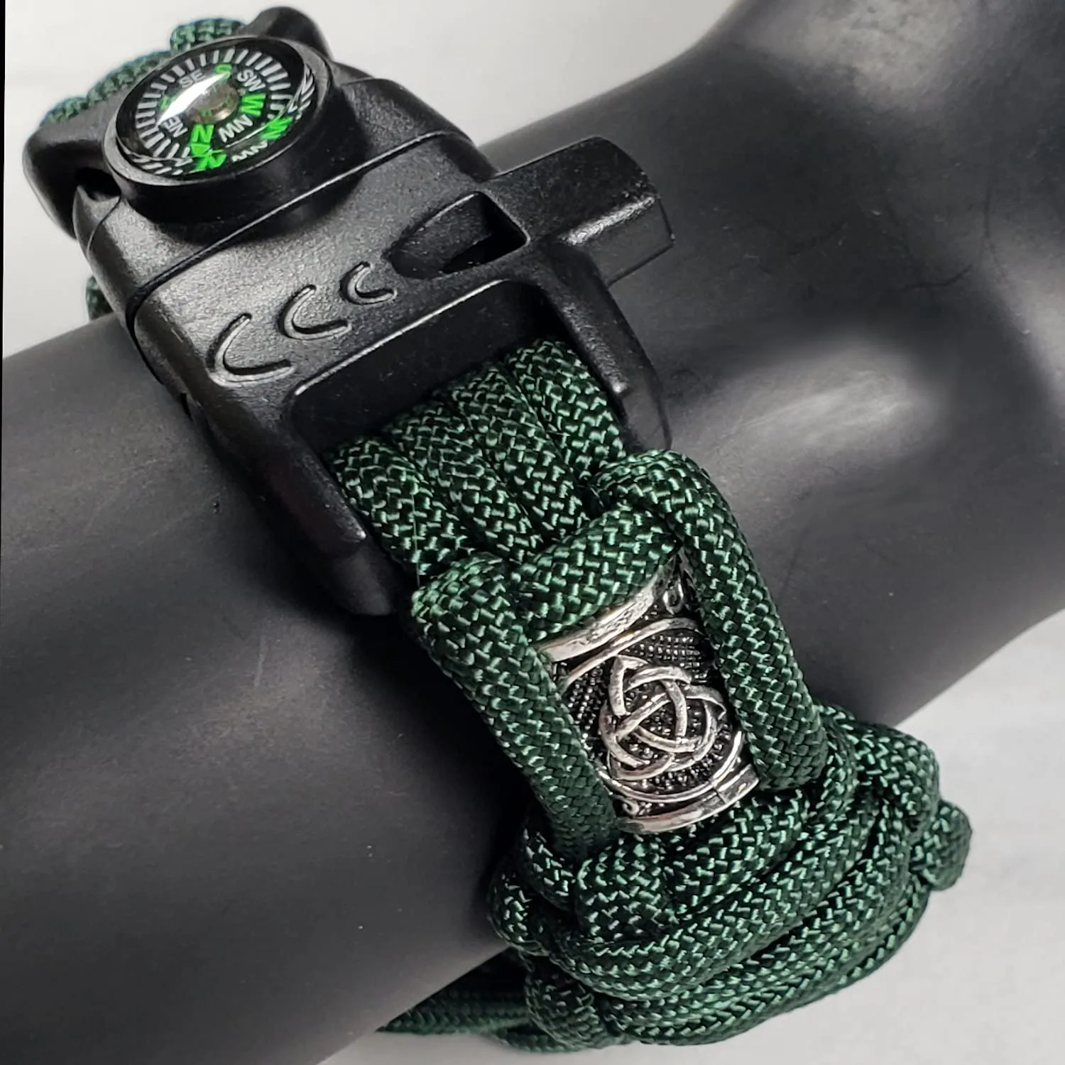 Mini Hiking & Camping Survival Kit | Adjustable Survival Bracelet – Loud Whistle, Fire Starter, Compass, Tactical Paracord Bracelet with Silver Viking Beads - Made in USA (Emerald Green)