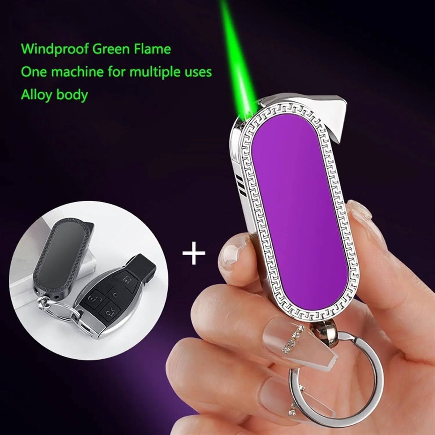 Mini Torch Lighter, Butane Torch Lighter with Keychain, Windproof Green Flame Lighter, Adjustable Flame, Refillable Butane Gas Lighter, Portable Metal Lighter, Boyfriend Husband Dad Gift(Black)