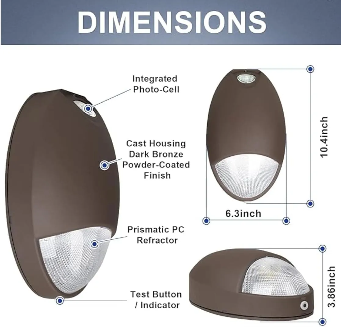 Mini Wall Pack Emergency Lights, LED Emergency Lights with Battery Backup, 90min Power, Photocell Sensor, IP65, Wet Resistant, 12W for Business and Home, Dark Bronze, 6 Pack