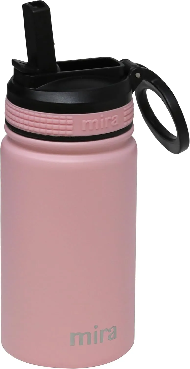 MIRA 12 oz Small Insulated Water Bottle for Cold Drinks | Leak-Proof Stainless Steel with Straw Lid for Travel, Hiking, Gym - Rose Pink