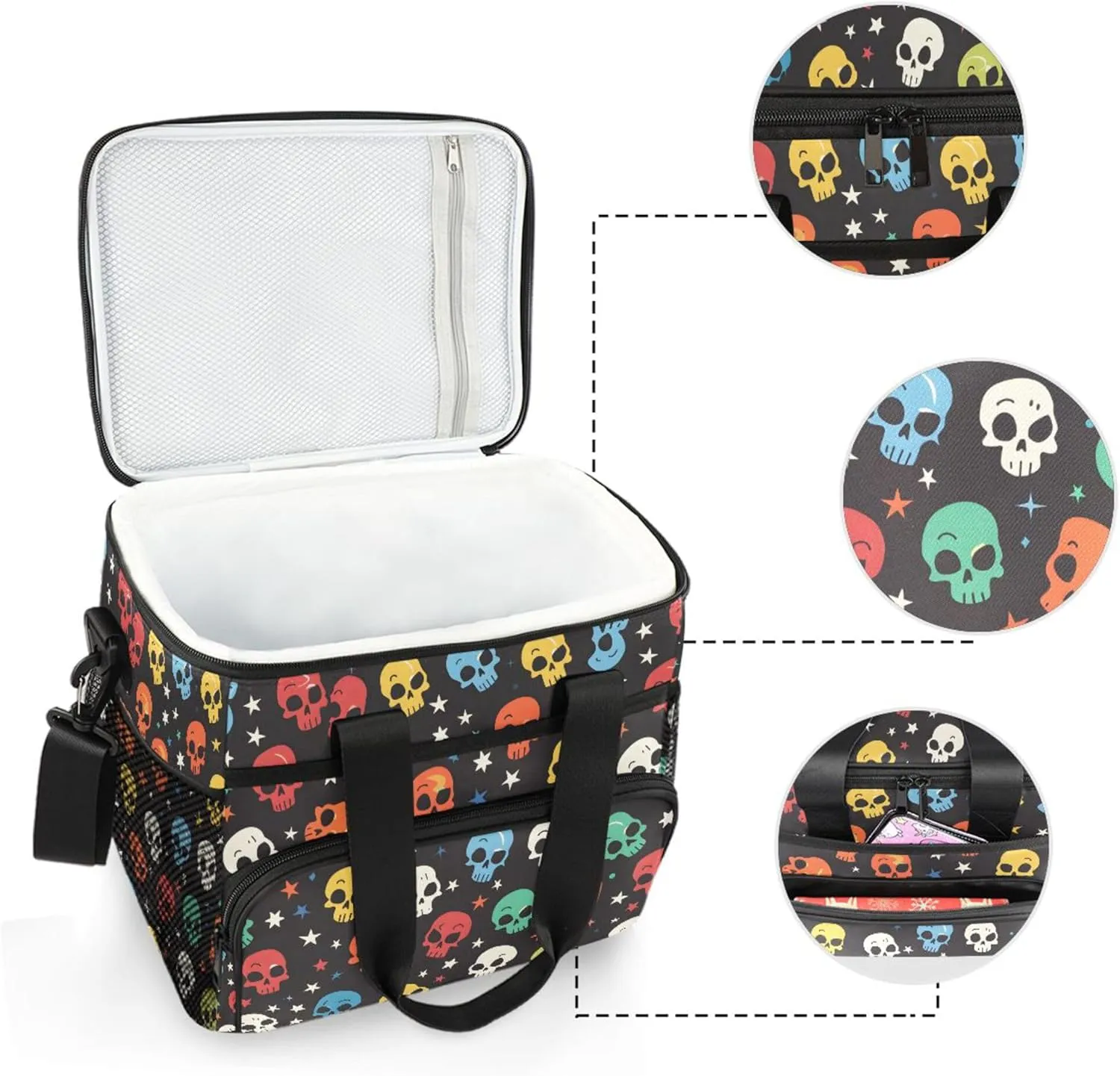 MNSRUU Cooler Bag Skull Stars Soft Cooler Bag Insulated Lunch Totes Picnic Bag Beach Cooler Lunch Box Container with Adjustable Shoulder Strap