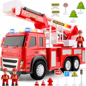 MOBIUS Toys Fire Truck Playset – 1:12 Scale Large Toy with Realistic Fire Engine, 3 Firemen, Road Signs, Lights & Sounds – Friction-Powered Truck for Boys, Girls & Toddlers Ages 3-5