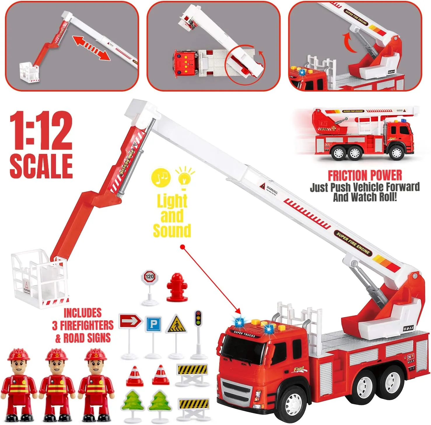 MOBIUS Toys Fire Truck Playset – 1:12 Scale Large Toy with Realistic Fire Engine, 3 Firemen, Road Signs, Lights & Sounds – Friction-Powered Truck for Boys, Girls & Toddlers Ages 3-5