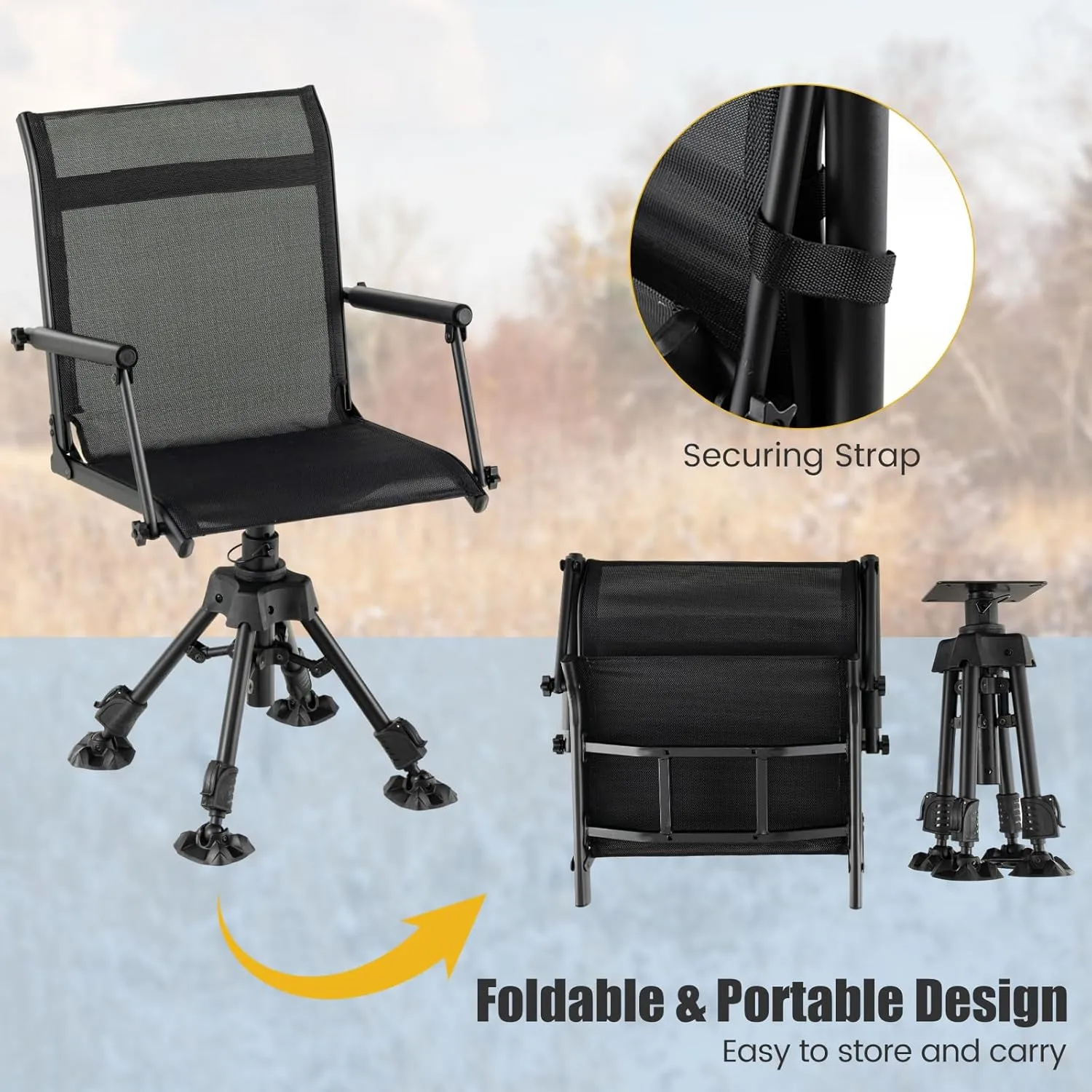 Moccha Swivel Hunting Chair - 360 Degree Camo Blind Chair with 4 Adjustable Legs, Foot Pads & Armrests, Portable Folding Hunting Seat, Silent Hunting Chairs for Blinds, Fishing (Metal Leg, Black)