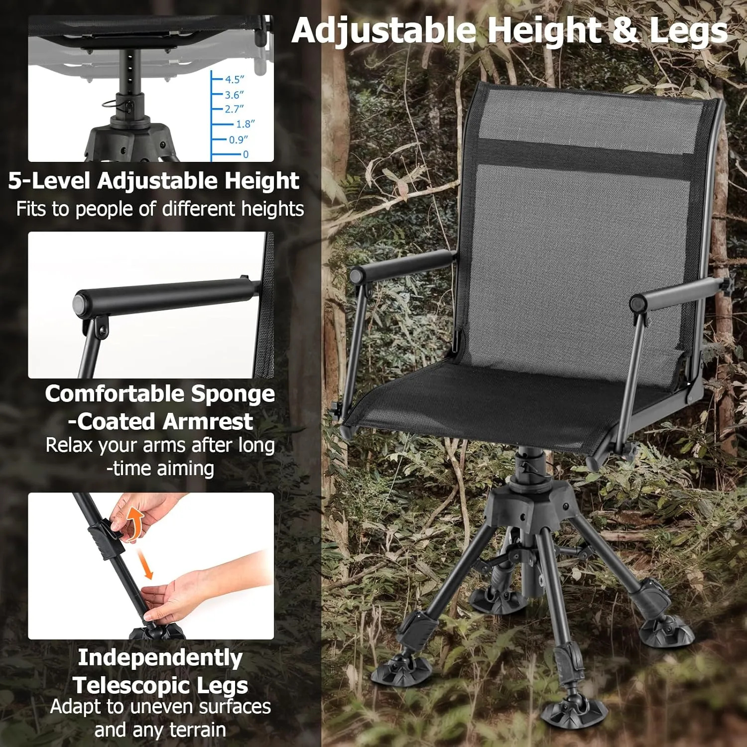 Moccha Swivel Hunting Chair - 360 Degree Camo Blind Chair with 4 Adjustable Legs, Foot Pads & Armrests, Portable Folding Hunting Seat, Silent Hunting Chairs for Blinds, Fishing (Metal Leg, Black)
