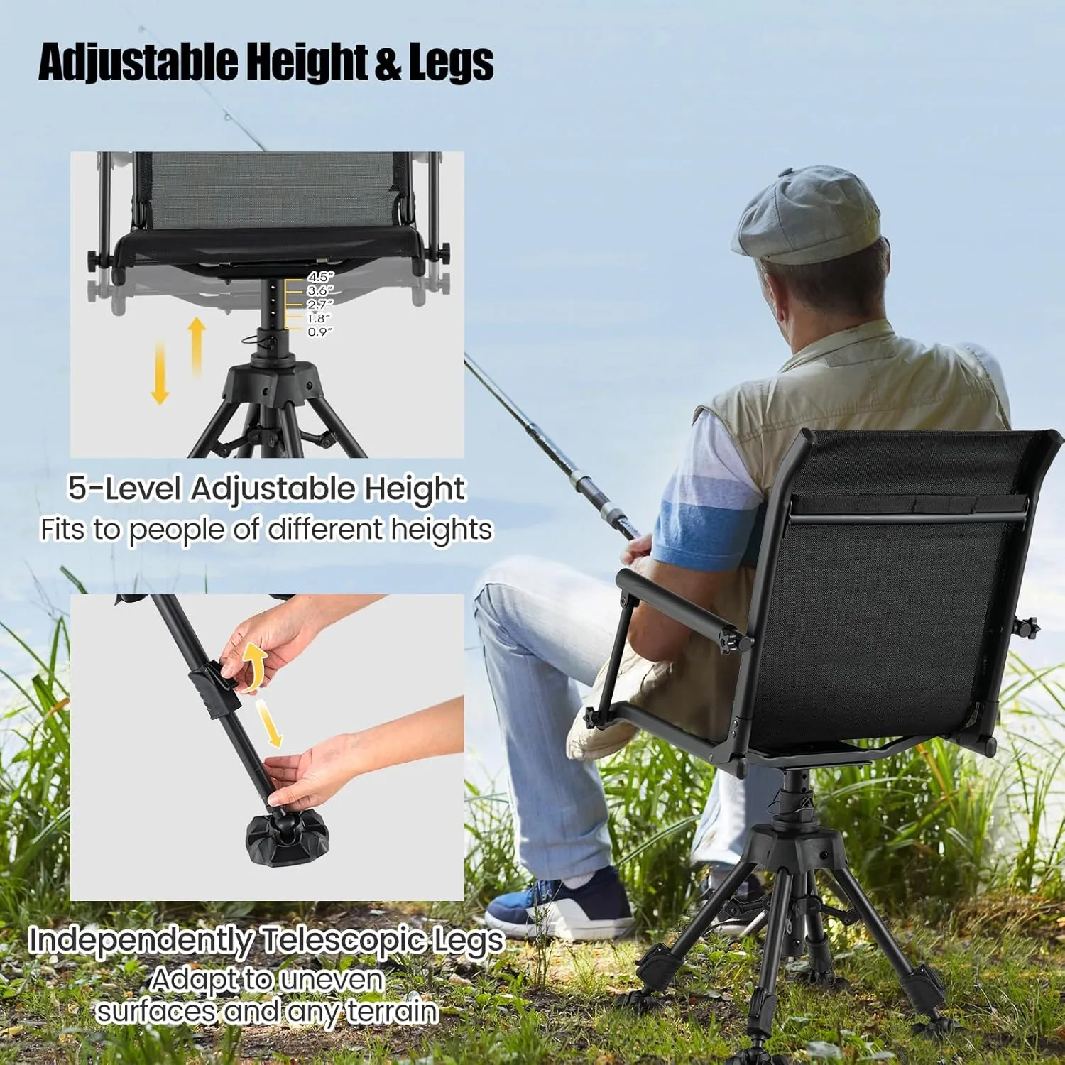 Moccha Swivel Hunting Chair - 360 Degree Camo Blind Chair with 4 Adjustable Legs, Foot Pads & Armrests, Portable Folding Hunting Seat, Silent Hunting Chairs for Blinds, Fishing (Metal Leg, Black)