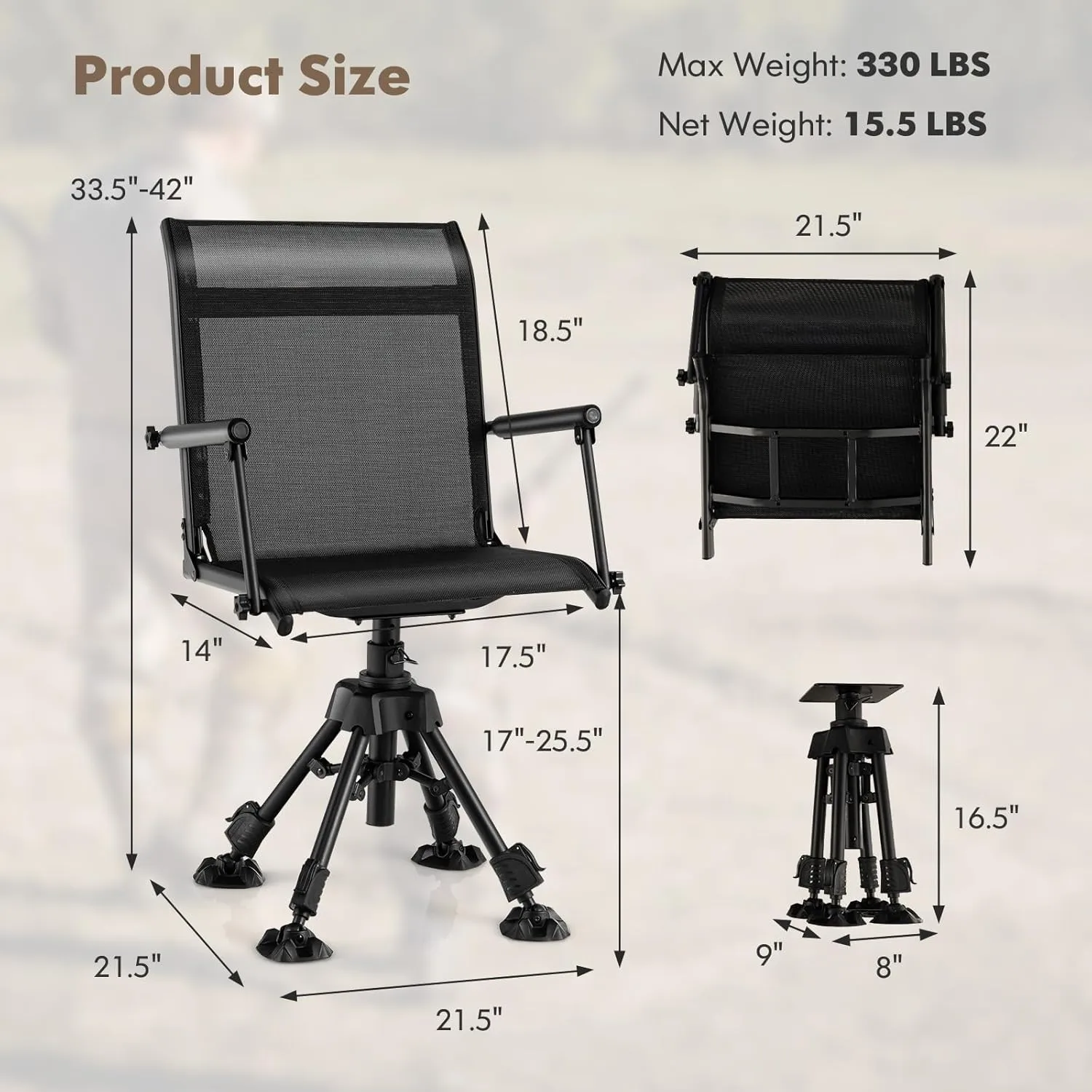 Moccha Swivel Hunting Chair - 360 Degree Camo Blind Chair with 4 Adjustable Legs, Foot Pads & Armrests, Portable Folding Hunting Seat, Silent Hunting Chairs for Blinds, Fishing (Metal Leg, Black)