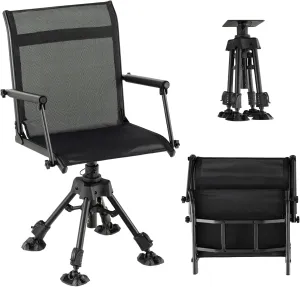 Moccha Swivel Hunting Chair - 360 Degree Camo Blind Chair with 4 Adjustable Legs, Foot Pads & Armrests, Portable Folding Hunting Seat, Silent Hunting Chairs for Blinds, Fishing (Metal Leg, Black)