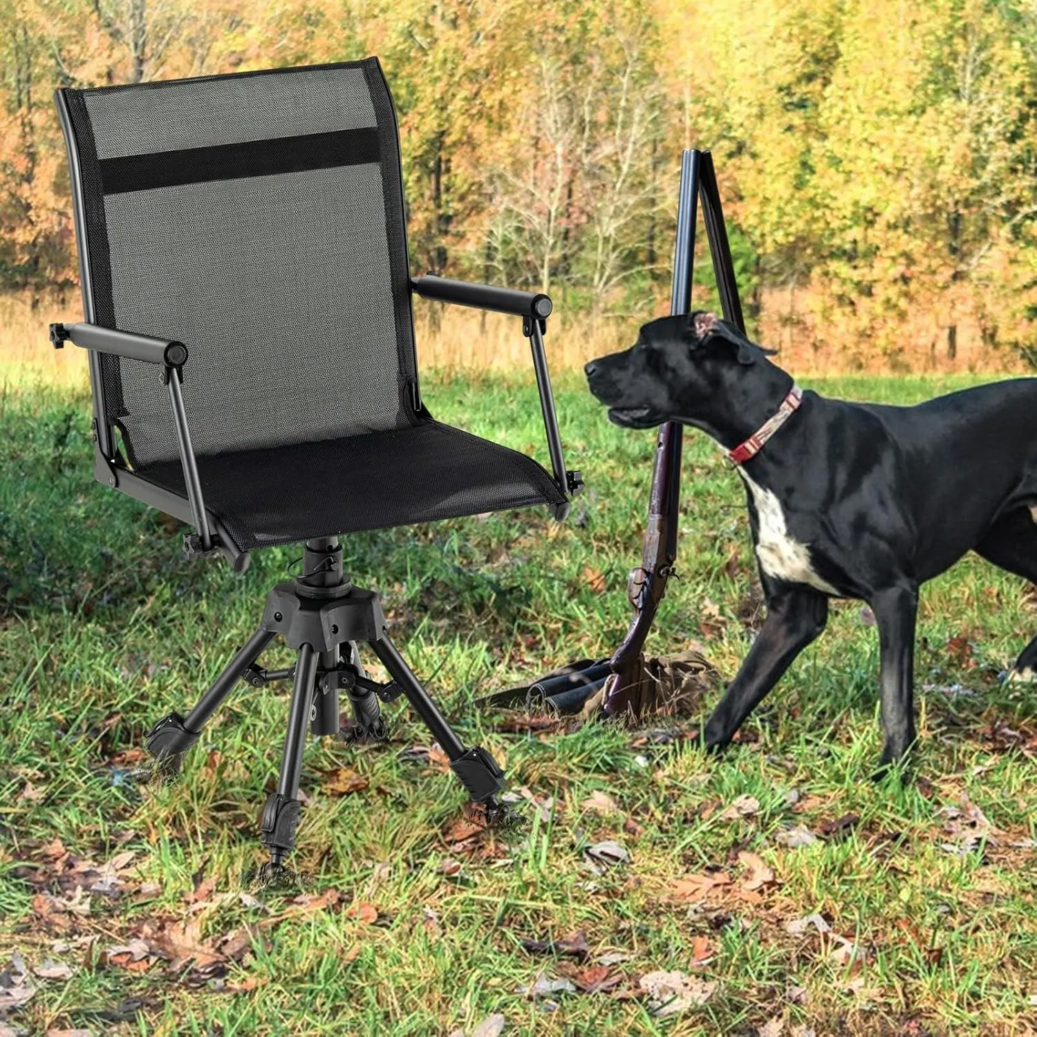 Moccha Swivel Hunting Chair - 360 Degree Camo Blind Chair with 4 Adjustable Legs, Foot Pads & Armrests, Portable Folding Hunting Seat, Silent Hunting Chairs for Blinds, Fishing (Metal Leg, Black)
