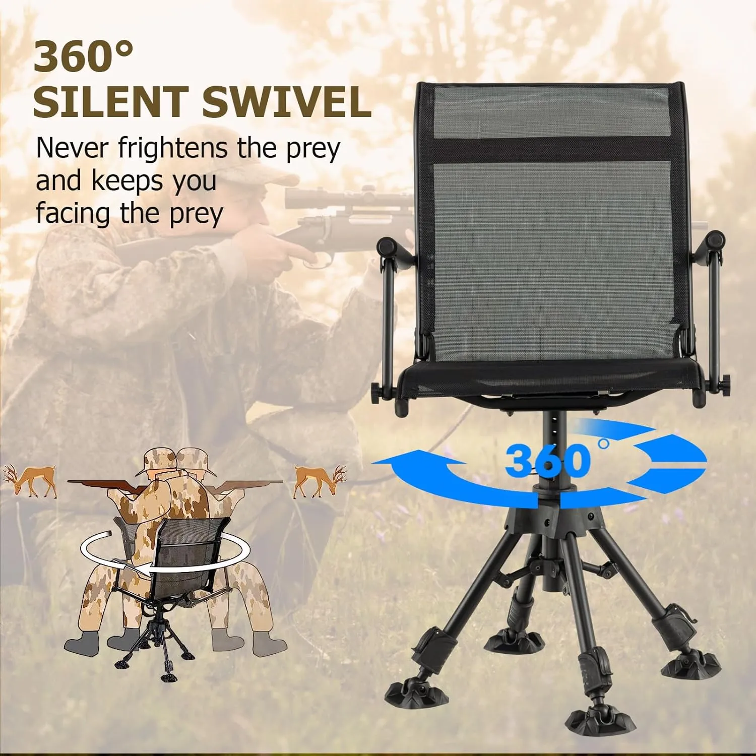 Moccha Swivel Hunting Chair - 360 Degree Camo Blind Chair with 4 Adjustable Legs, Foot Pads & Armrests, Portable Folding Hunting Seat, Silent Hunting Chairs for Blinds, Fishing (Metal Leg, Black)