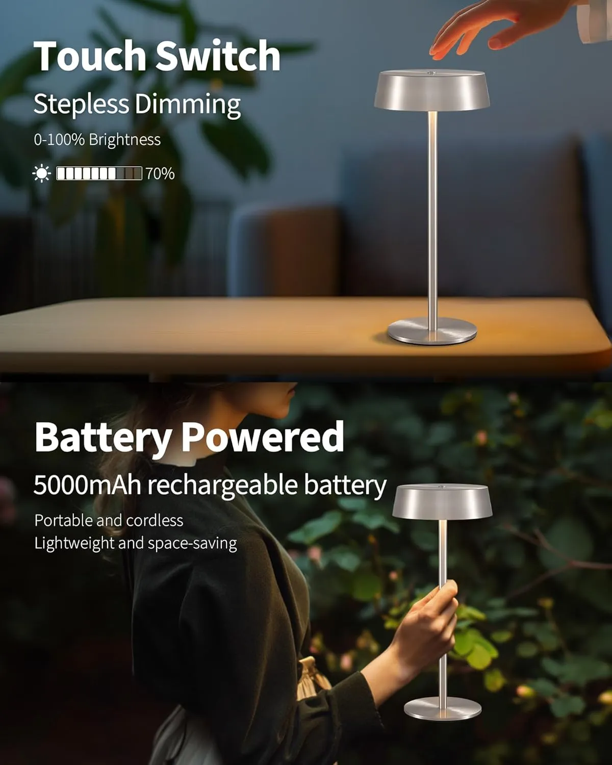 Modern Cordless Table Lamp Set of 2, Portable LED Desk Lamps, Rechargeable 5000mAh Battery Operated, Dimming Night Light for Bedroom, Dining Room, Bar, Outdoor, Waterproof, Brushed Nickel