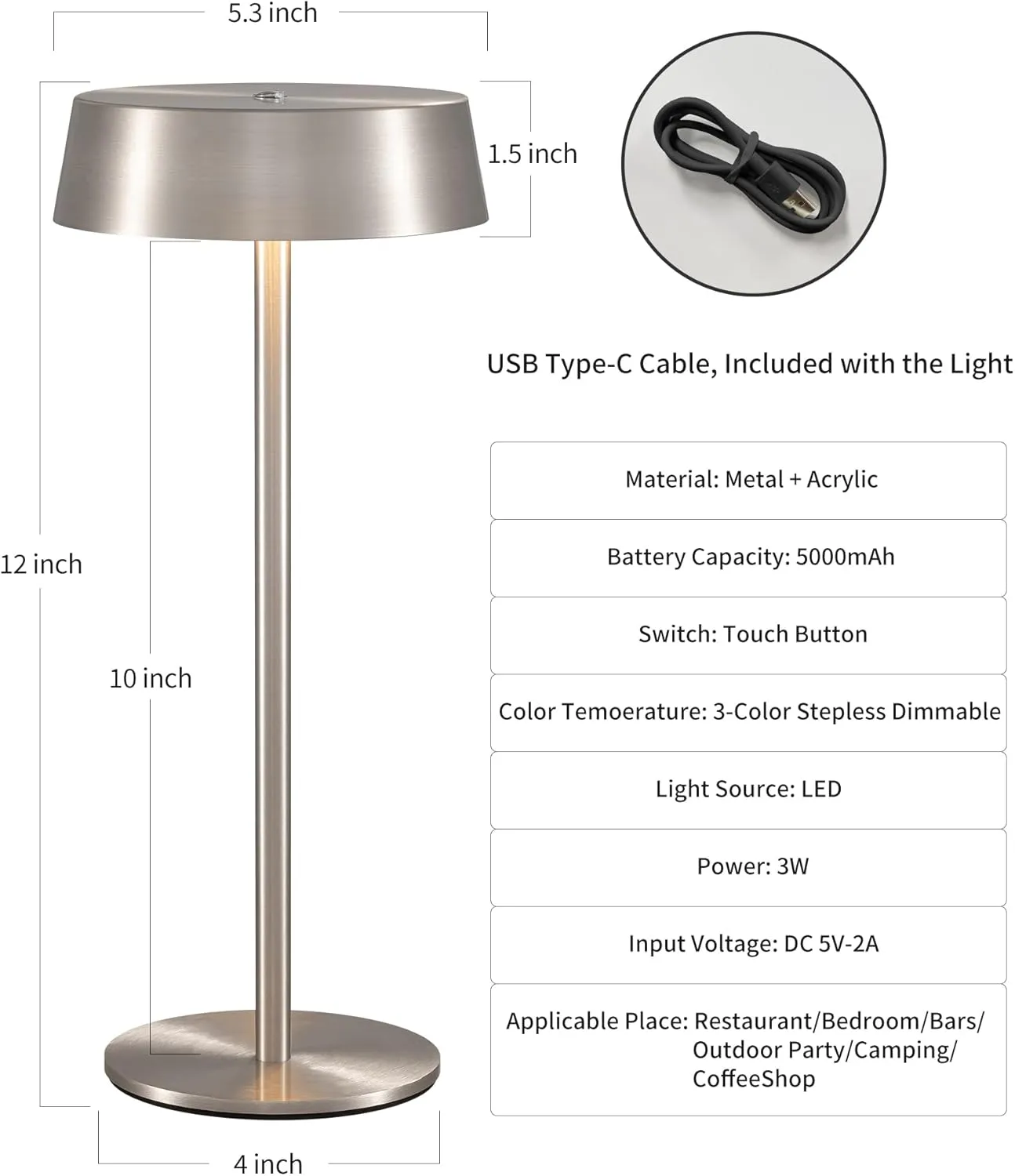 Modern Cordless Table Lamp Set of 2, Portable LED Desk Lamps, Rechargeable 5000mAh Battery Operated, Dimming Night Light for Bedroom, Dining Room, Bar, Outdoor, Waterproof, Brushed Nickel