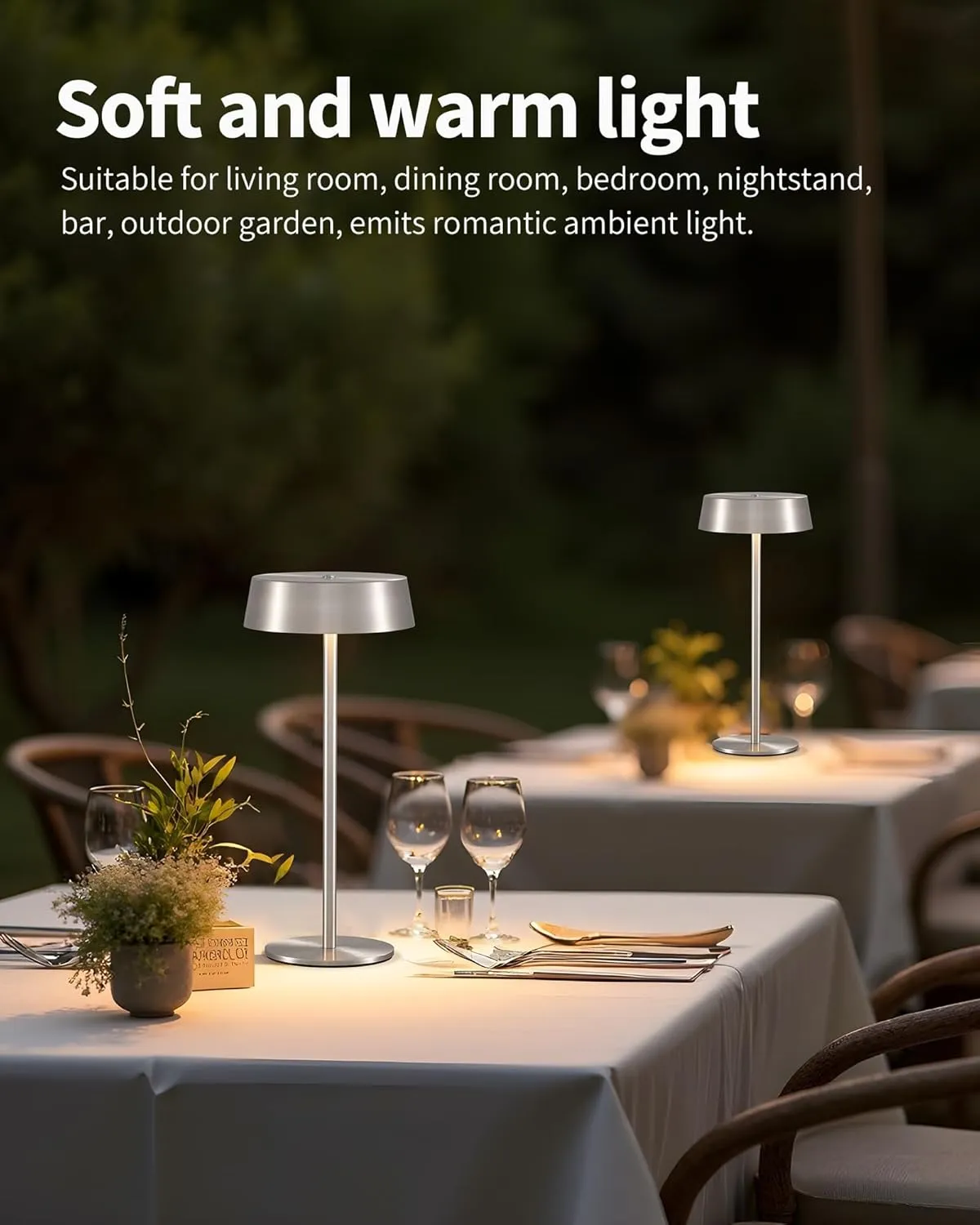 Modern Cordless Table Lamp Set of 2, Portable LED Desk Lamps, Rechargeable 5000mAh Battery Operated, Dimming Night Light for Bedroom, Dining Room, Bar, Outdoor, Waterproof, Brushed Nickel