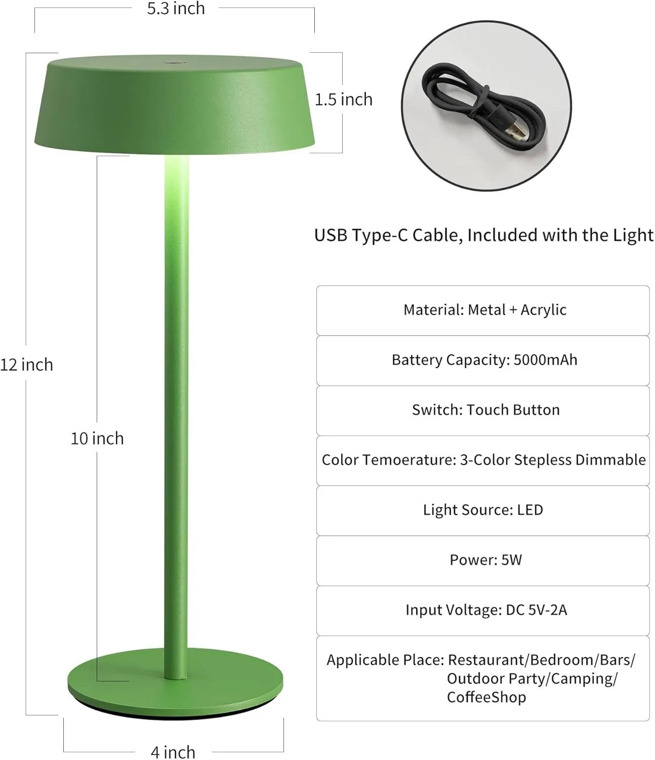 Modern Cordless Table Lamp Set of 2, Portable LED Desk Lamps, Rechargeable 5000mAh Battery Operated, Dimming Night Light for Bedroom, Dining Room, Bar, Outdoor, Waterproof (Green)
