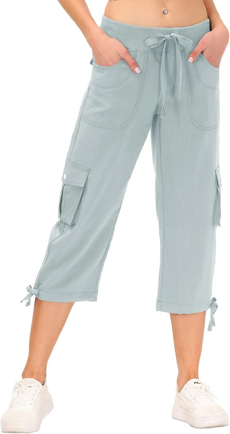 MoFiz Women's Cargo Capris Hiking Pants Lightweight Quick Dry Outdoor Athletic Travel Casual Loose Comfy Cute Pockets