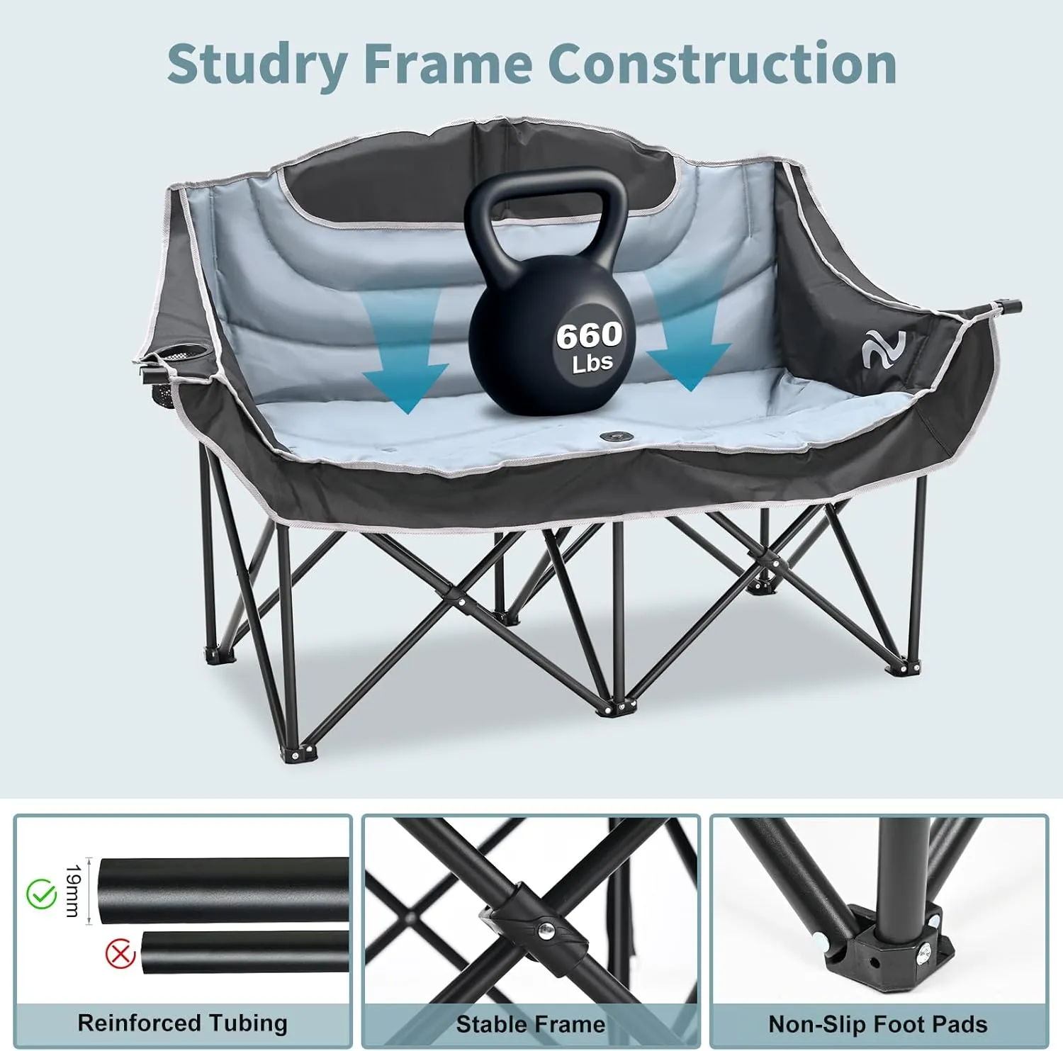 MOPHOTO Double Camping Chair, Folding Camping Loveseat Duo Chair for Adults, Oversized Double Folding Chair, Camping Bench Lawn Chairs Patio Lounge Chairs for Adults