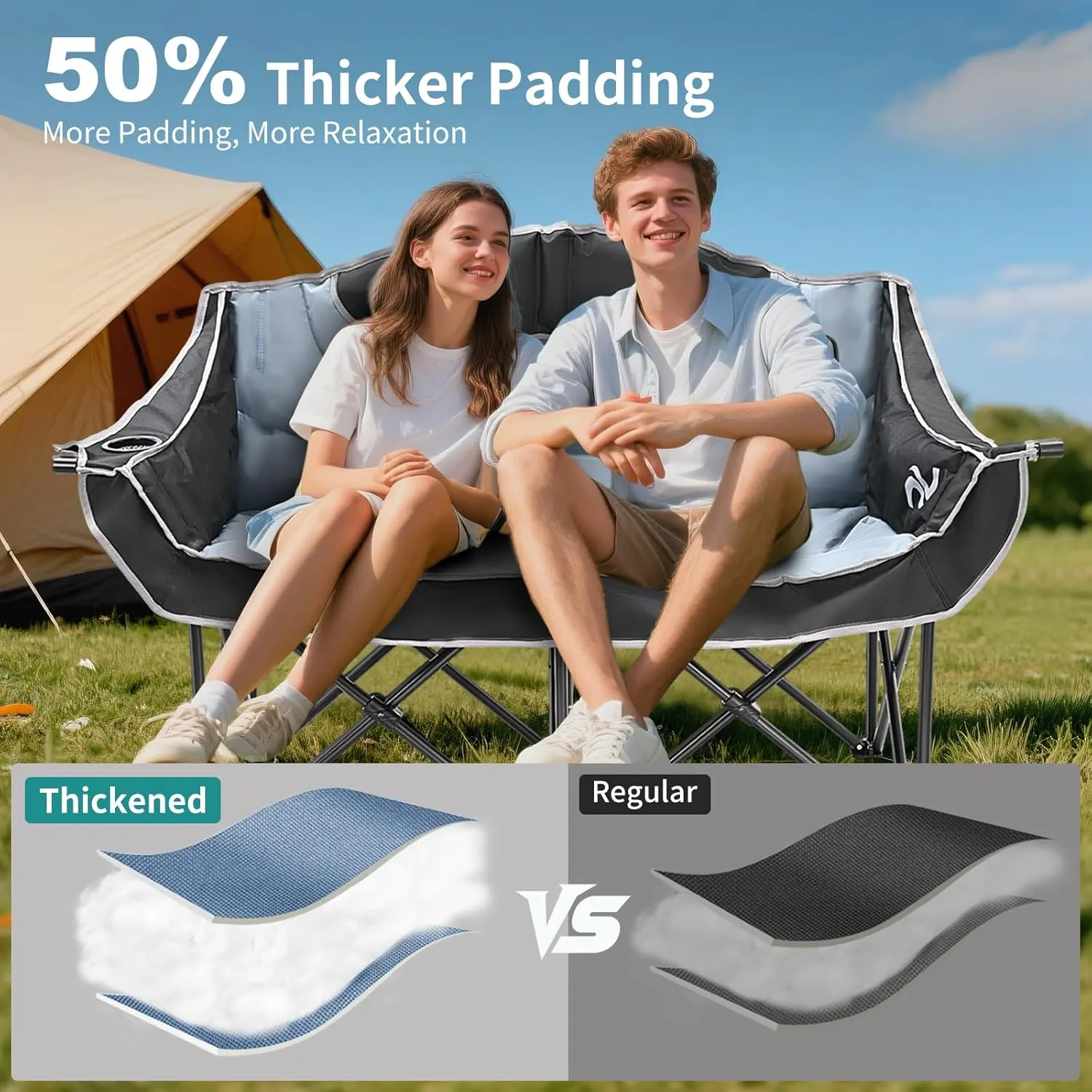 MOPHOTO Double Camping Chair, Folding Camping Loveseat Duo Chair for Adults, Oversized Double Folding Chair, Camping Bench Lawn Chairs Patio Lounge Chairs for Adults