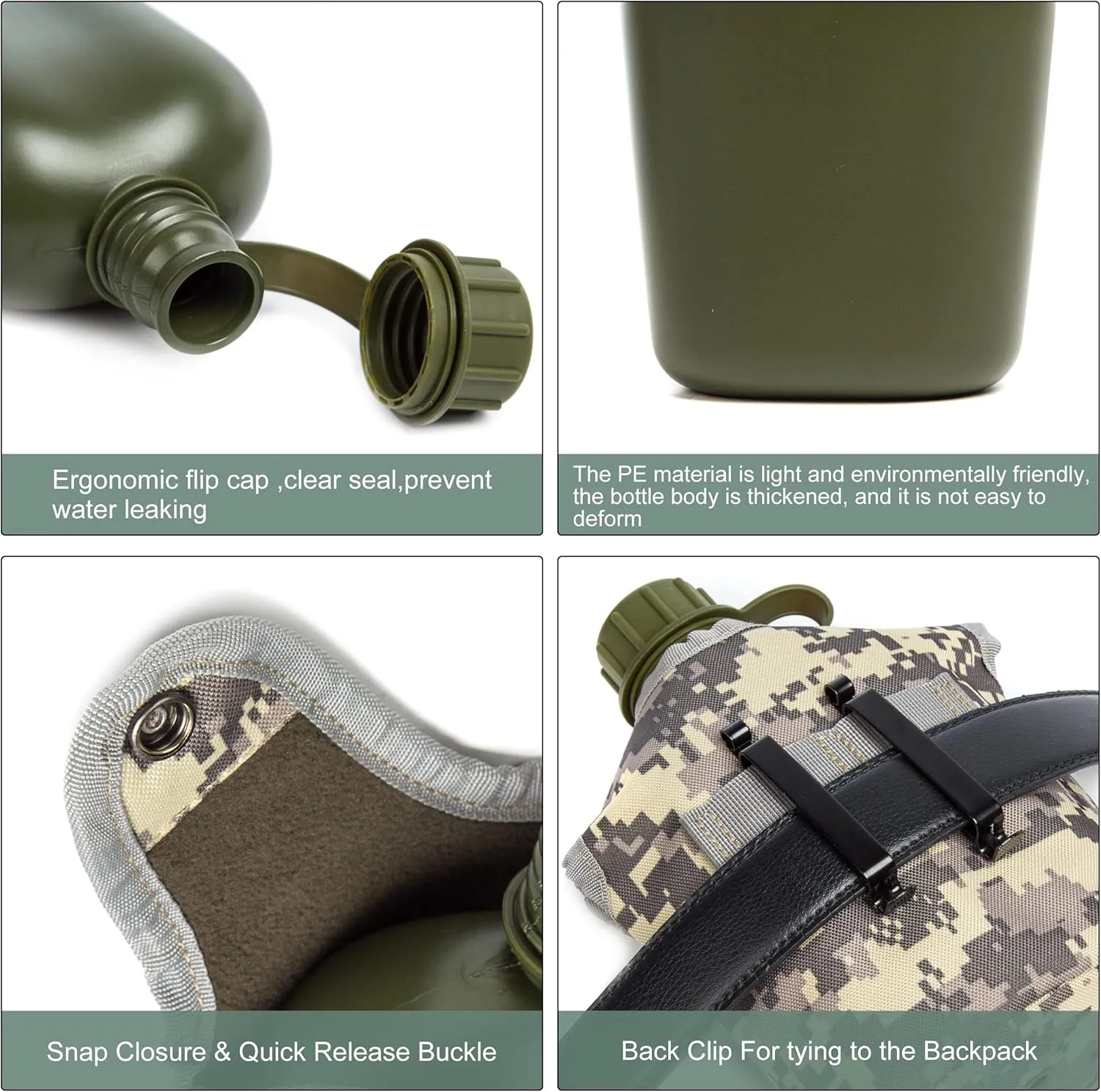 Mountain Land Military Canteen Oblong PE Insulated Camouflage Bag Carrier Cover 1L Capacity Portable Cylinder Sports Water Bottle Tactical Bottle Pouch for Travelling ACU 1L