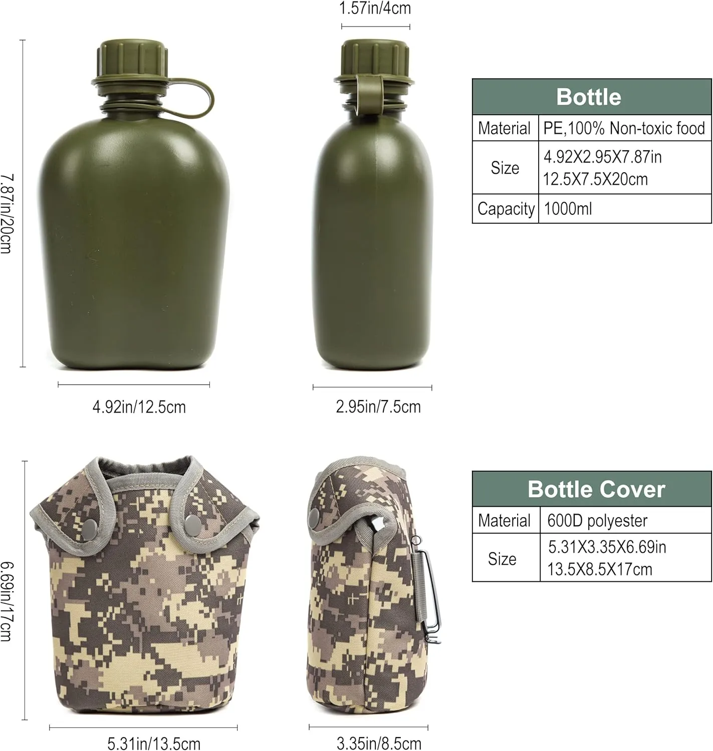 Mountain Land Military Canteen Oblong PE Insulated Camouflage Bag Carrier Cover 1L Capacity Portable Cylinder Sports Water Bottle Tactical Bottle Pouch for Travelling ACU 1L