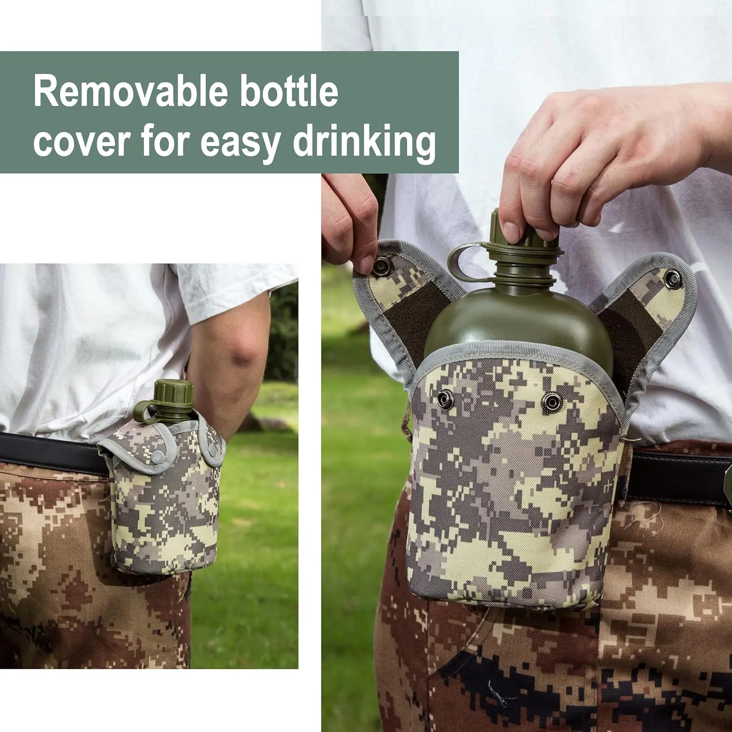 Mountain Land Military Canteen Oblong PE Insulated Camouflage Bag Carrier Cover 1L Capacity Portable Cylinder Sports Water Bottle Tactical Bottle Pouch for Travelling ACU 1L